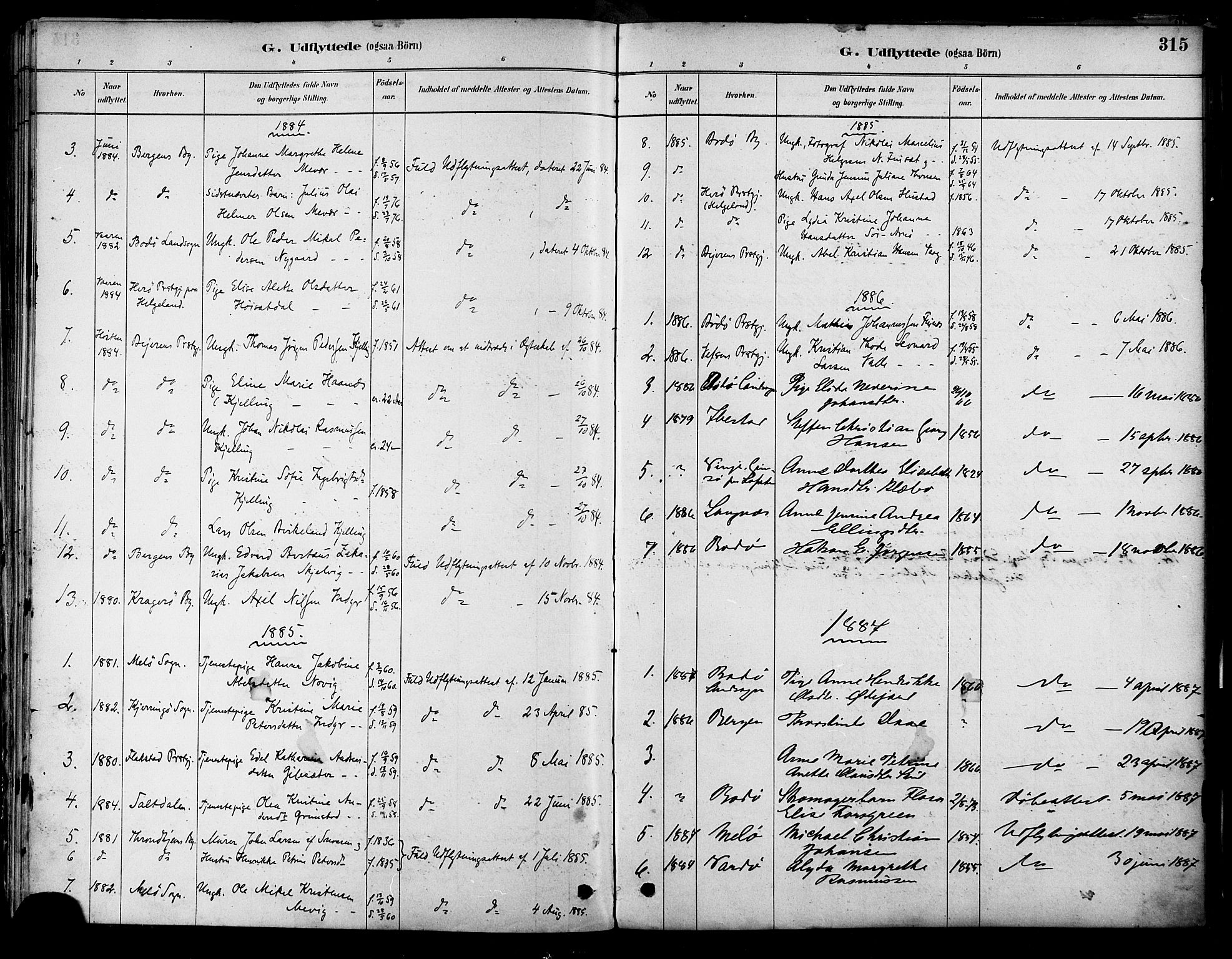 Ministerialprotokoller, klokkerbøker og fødselsregistre - Nordland, AV/SAT-A-1459/805/L0099: Parish register (official) no. 805A06, 1880-1891, p. 315