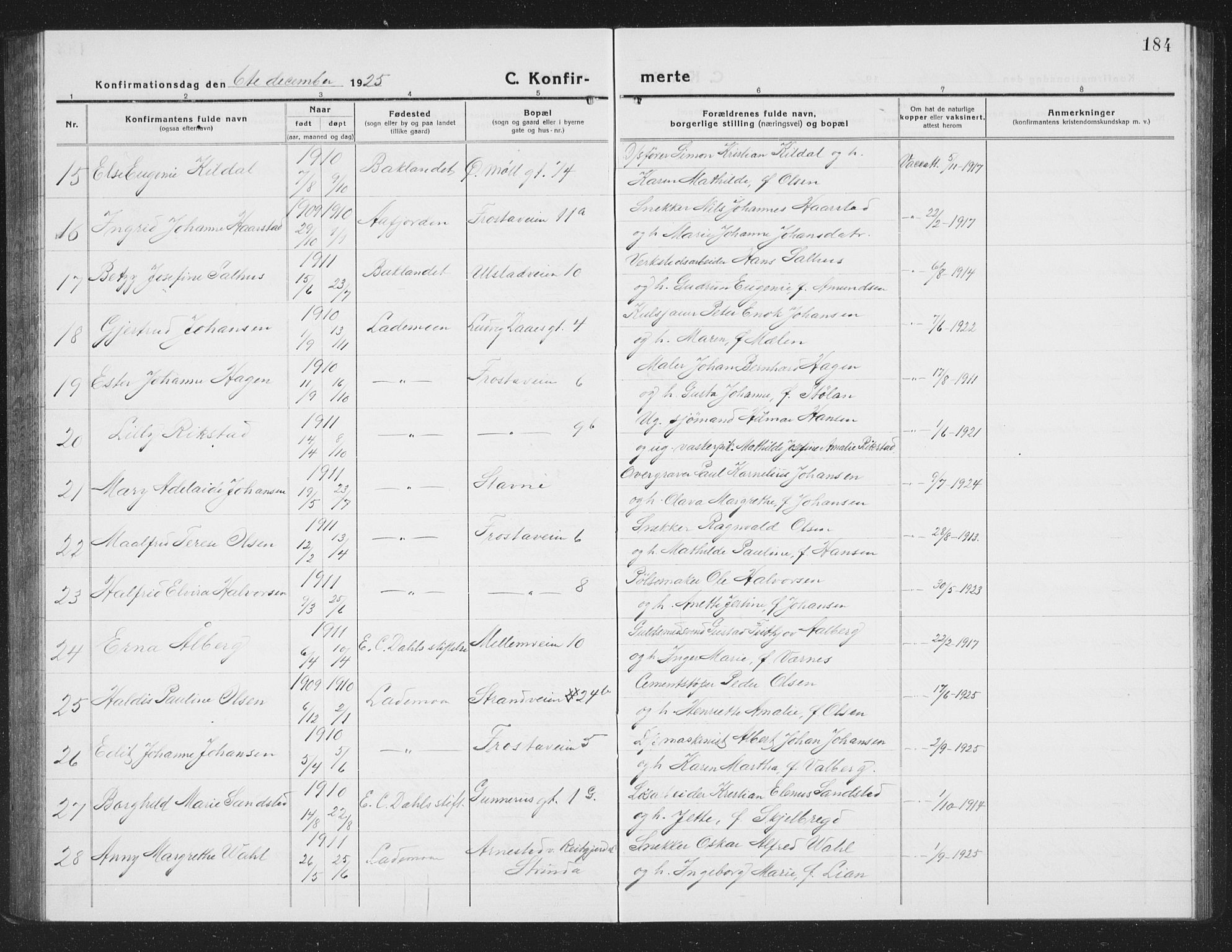 Ministerialprotokoller, klokkerbøker og fødselsregistre - Sør-Trøndelag, SAT/A-1456/605/L0258: Parish register (copy) no. 605C05, 1918-1930, p. 184