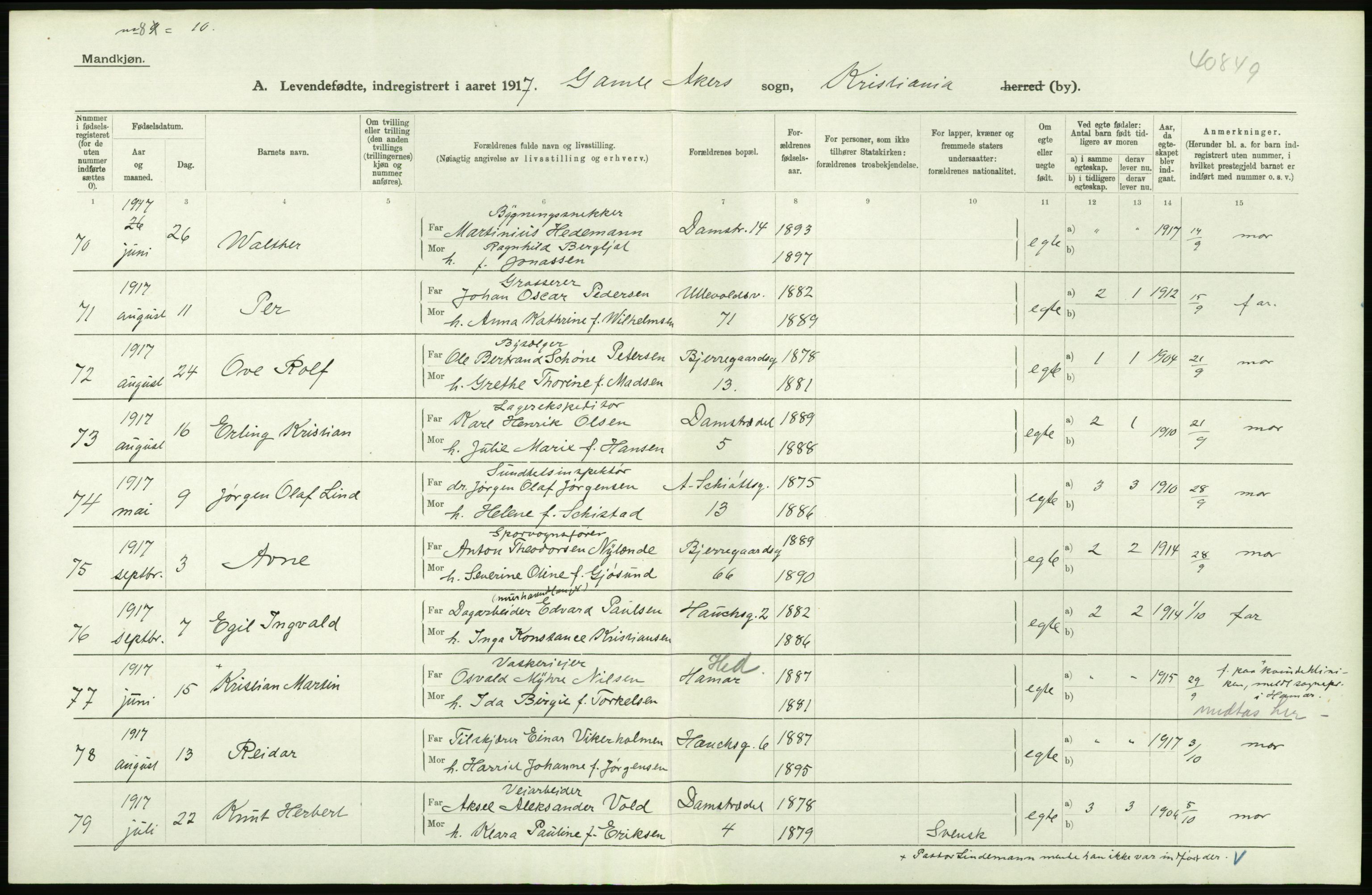 Statistisk sentralbyrå, Sosiodemografiske emner, Befolkning, RA/S-2228/D/Df/Dfb/Dfbg/L0006: Kristiania: Levendefødte menn og kvinner., 1917, p. 226