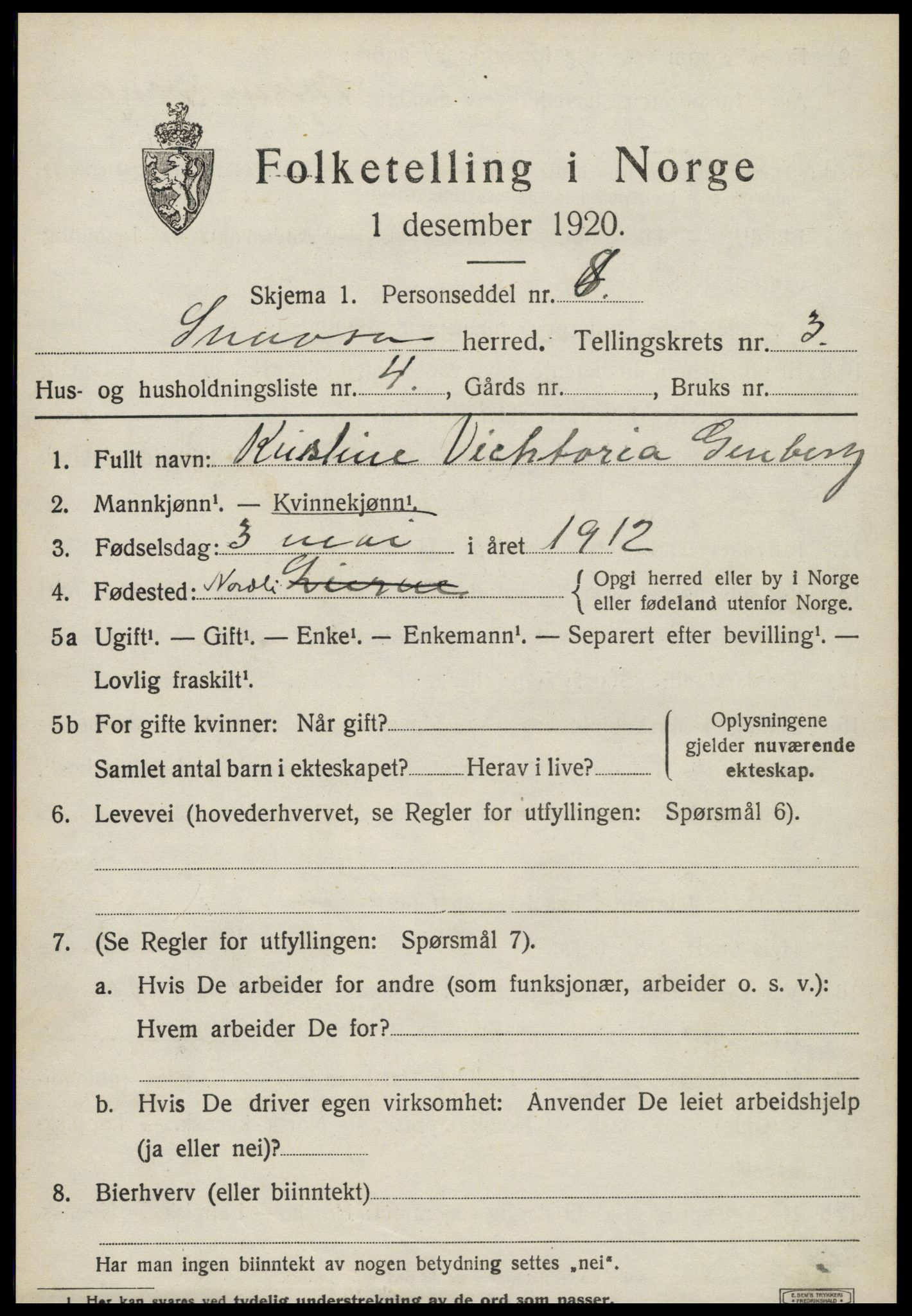 SAT, 1920 census for Snåsa, 1920, p. 1582