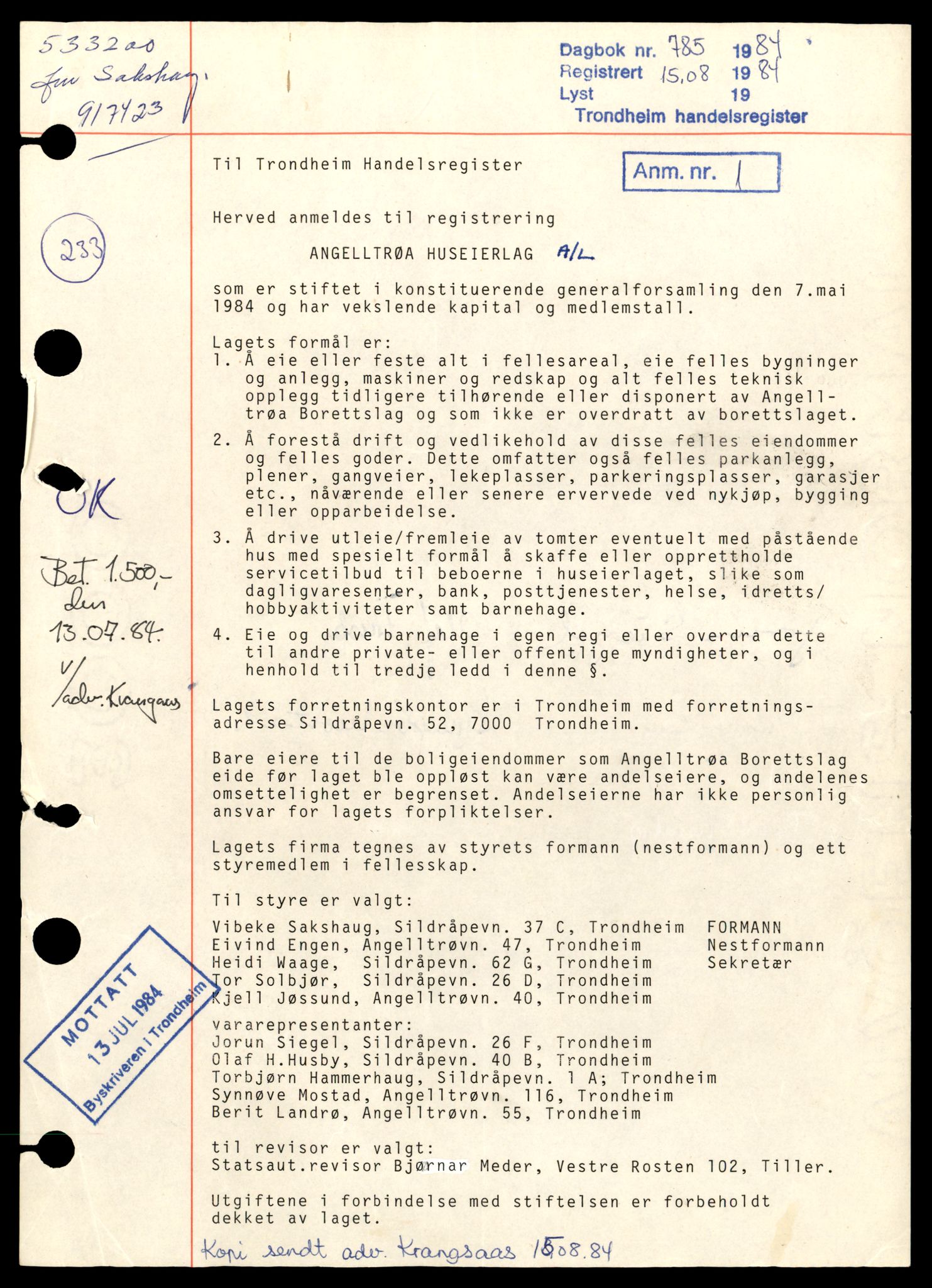 Trondheim byfogd, AV/SAT-A-0003/2/J/Jc/Jcd/L0014: Andelslag og Borettslag, A-Nye, 1944-1990, p. 1