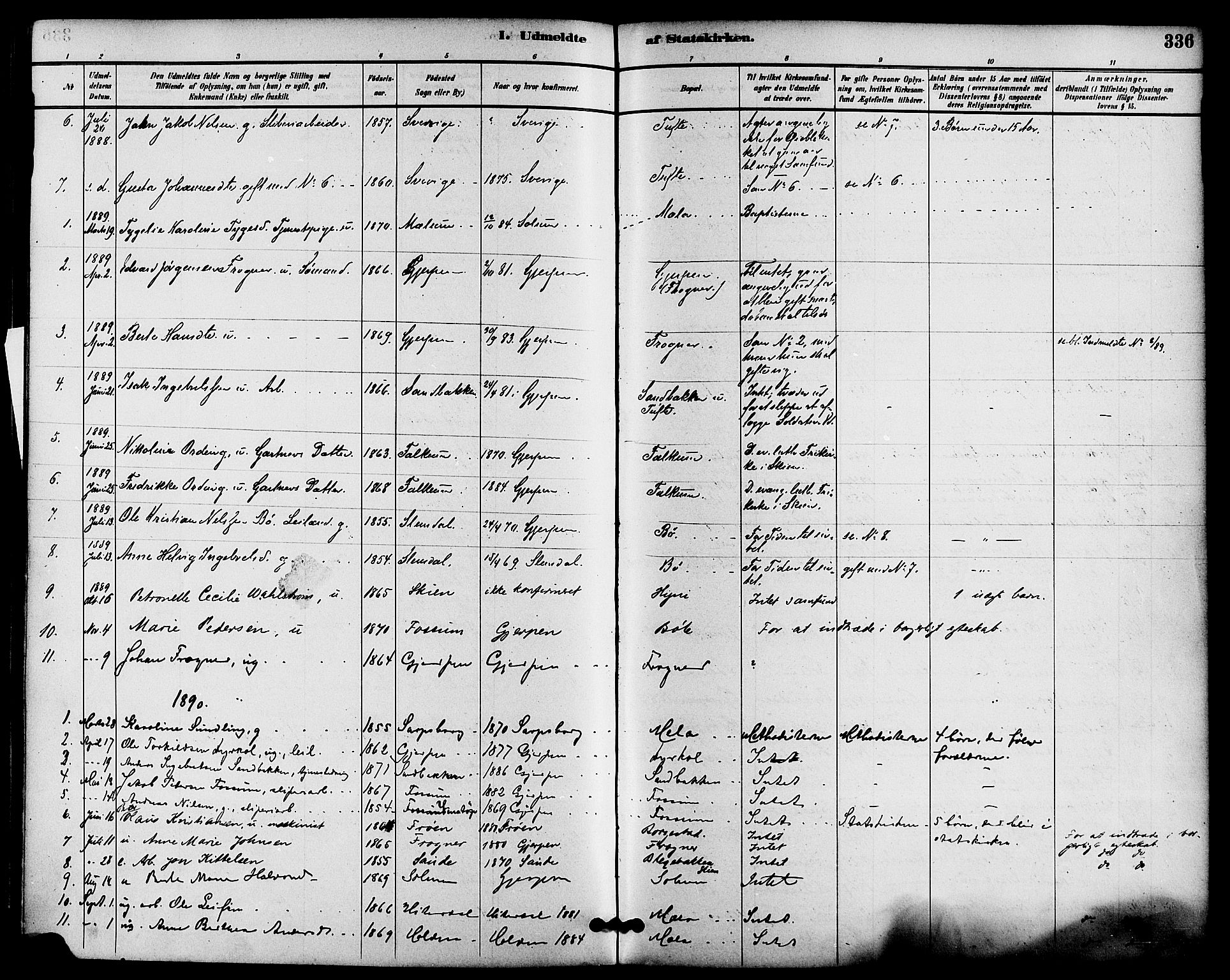 Gjerpen kirkebøker, AV/SAKO-A-265/F/Fa/L0010: Parish register (official) no. I 10, 1886-1895, p. 336