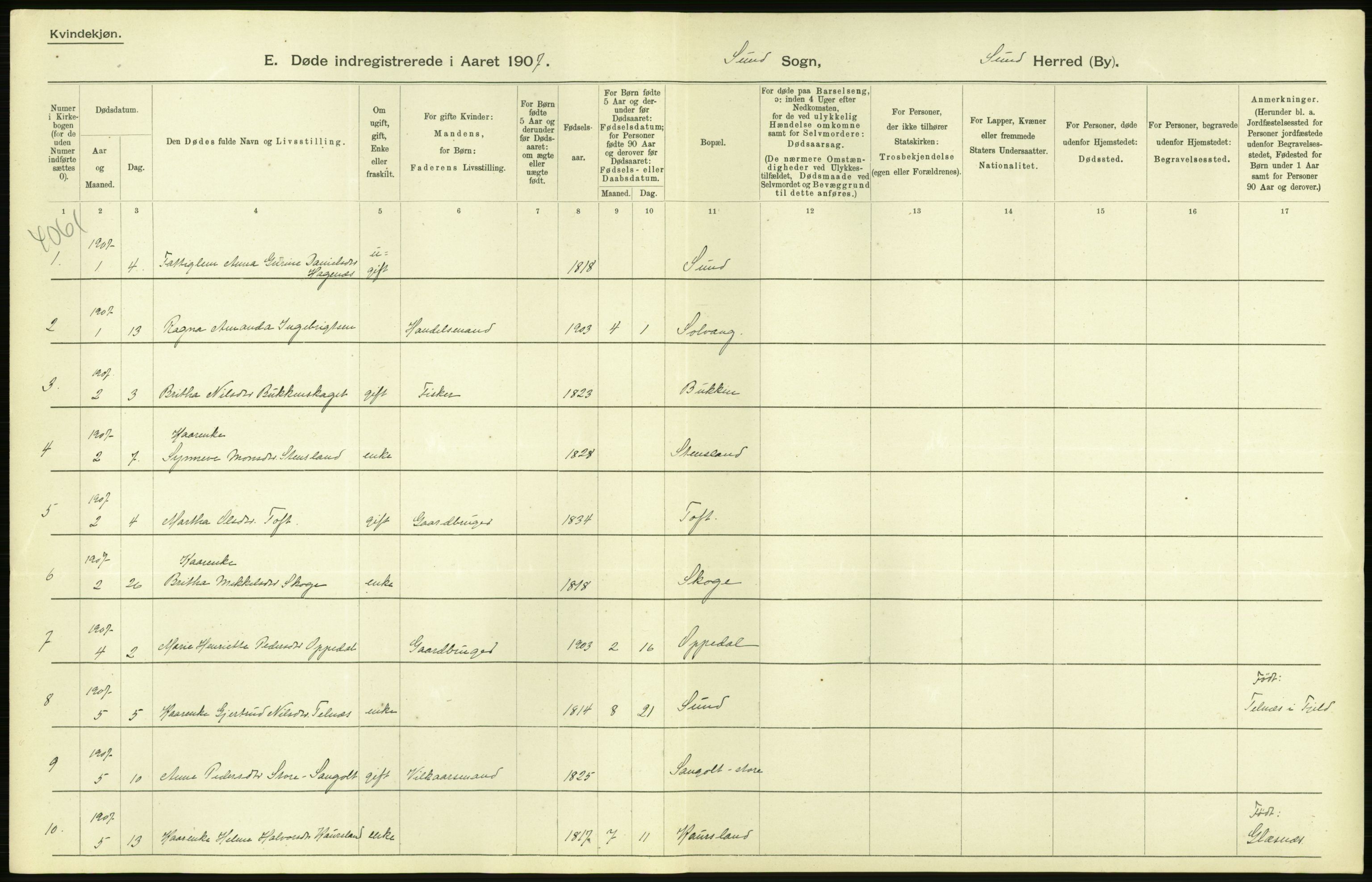 Statistisk sentralbyrå, Sosiodemografiske emner, Befolkning, AV/RA-S-2228/D/Df/Dfa/Dfae/L0028: S. Bergenhus amt: Gifte, dødfødte. Bygder., 1907, p. 40