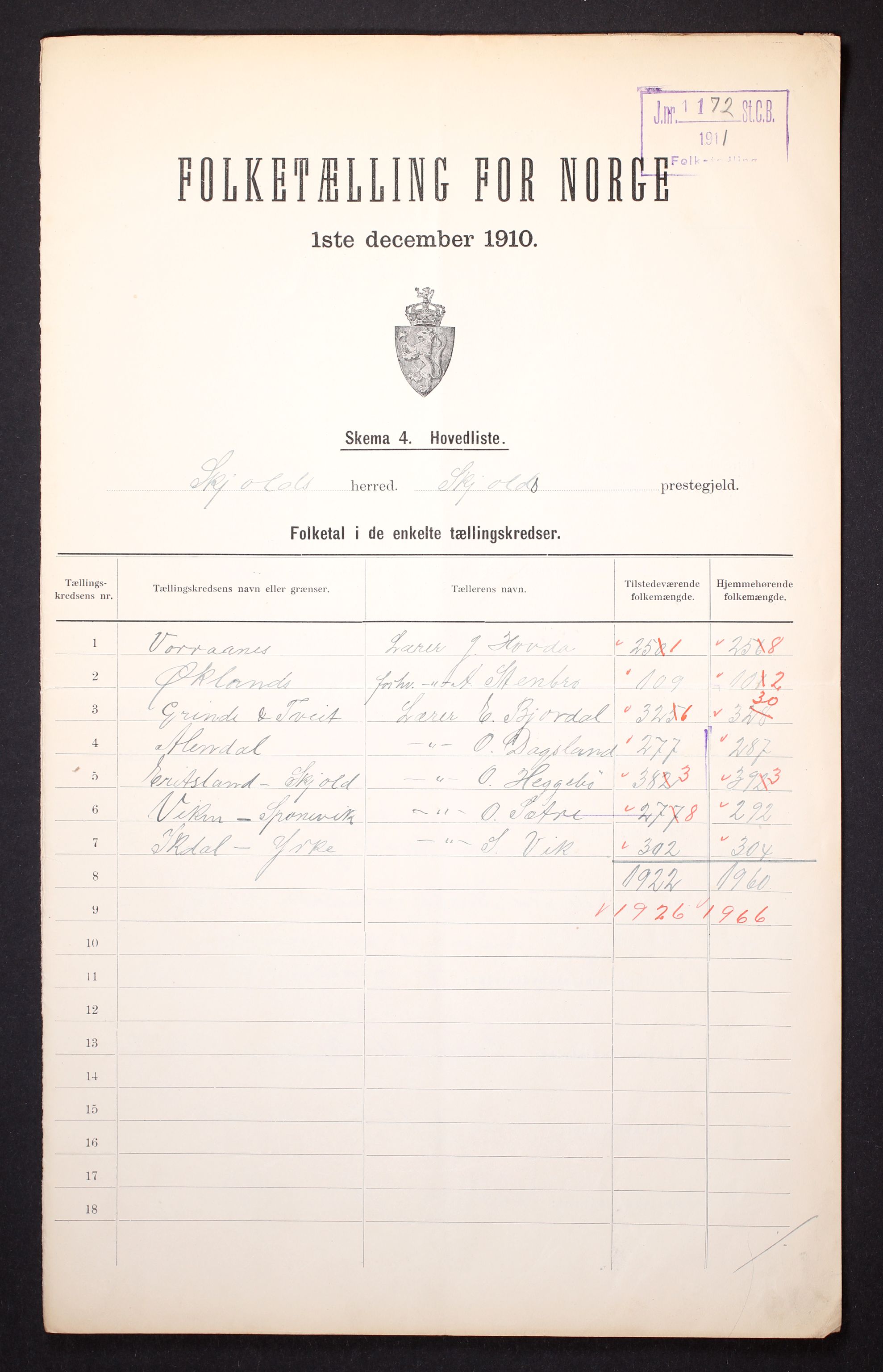 RA, 1910 census for Skjold, 1910, p. 2