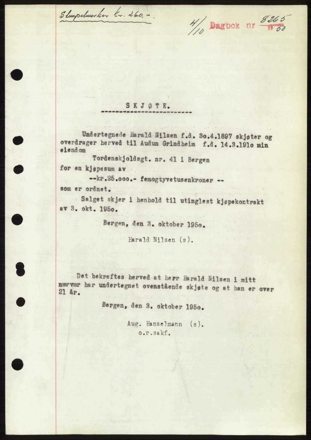 Byfogd og Byskriver i Bergen, AV/SAB-A-3401/03/03Bc/L0034: Mortgage book no. A27-28, 1950-1950, Diary no: : 8265/1950