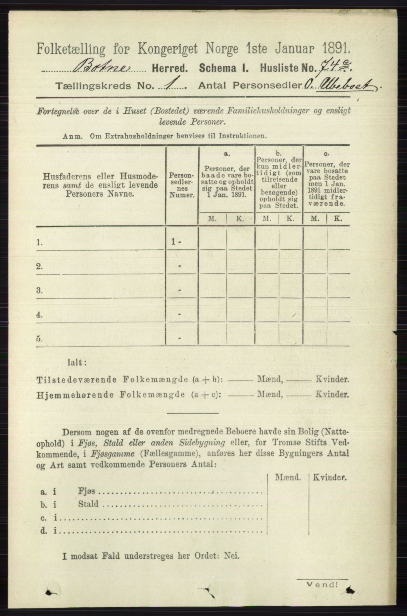 RA, 1891 census for 0715 Botne, 1891, p. 98