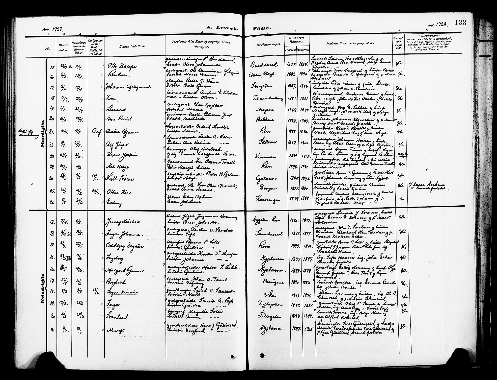 Ministerialprotokoller, klokkerbøker og fødselsregistre - Sør-Trøndelag, AV/SAT-A-1456/681/L0942: Parish register (copy) no. 681C06, 1906-1925, p. 133