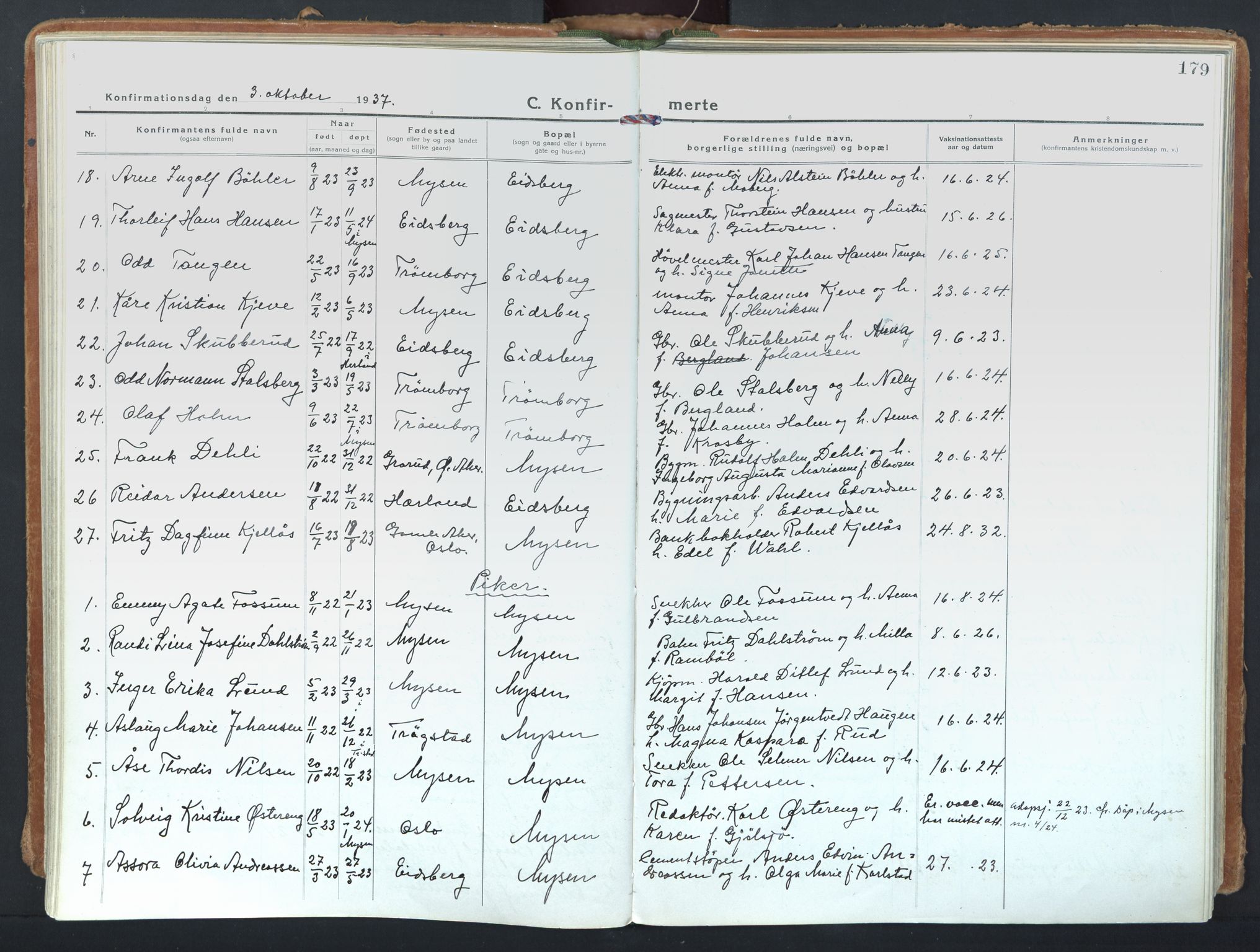 Eidsberg prestekontor Kirkebøker, SAO/A-10905/F/Fd/L0001: Parish register (official) no. IV 1, 1921-1948, p. 179