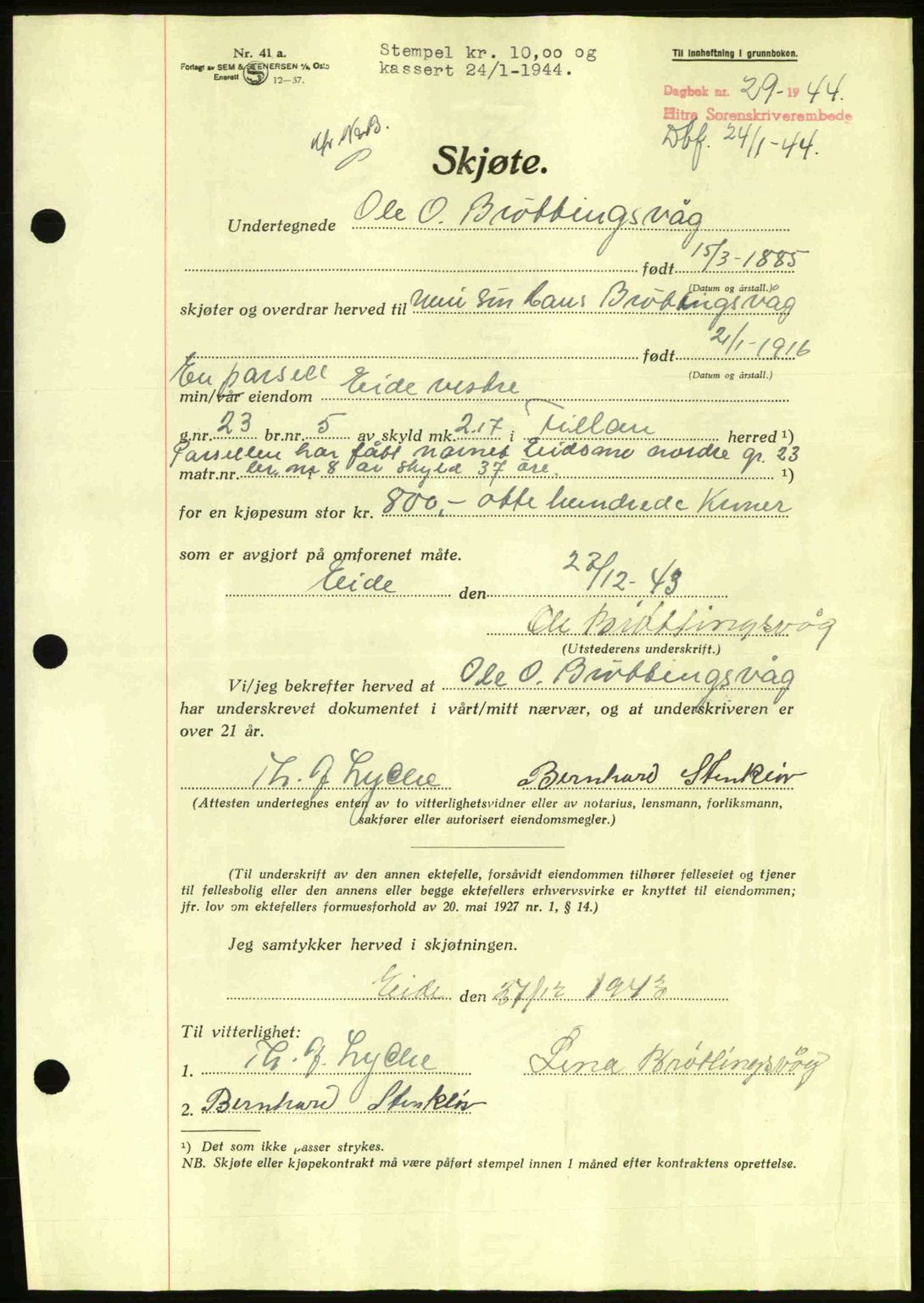 Hitra sorenskriveri, AV/SAT-A-0018/2/2C/2Ca: Mortgage book no. A2, 1943-1945, Diary no: : 29/1944