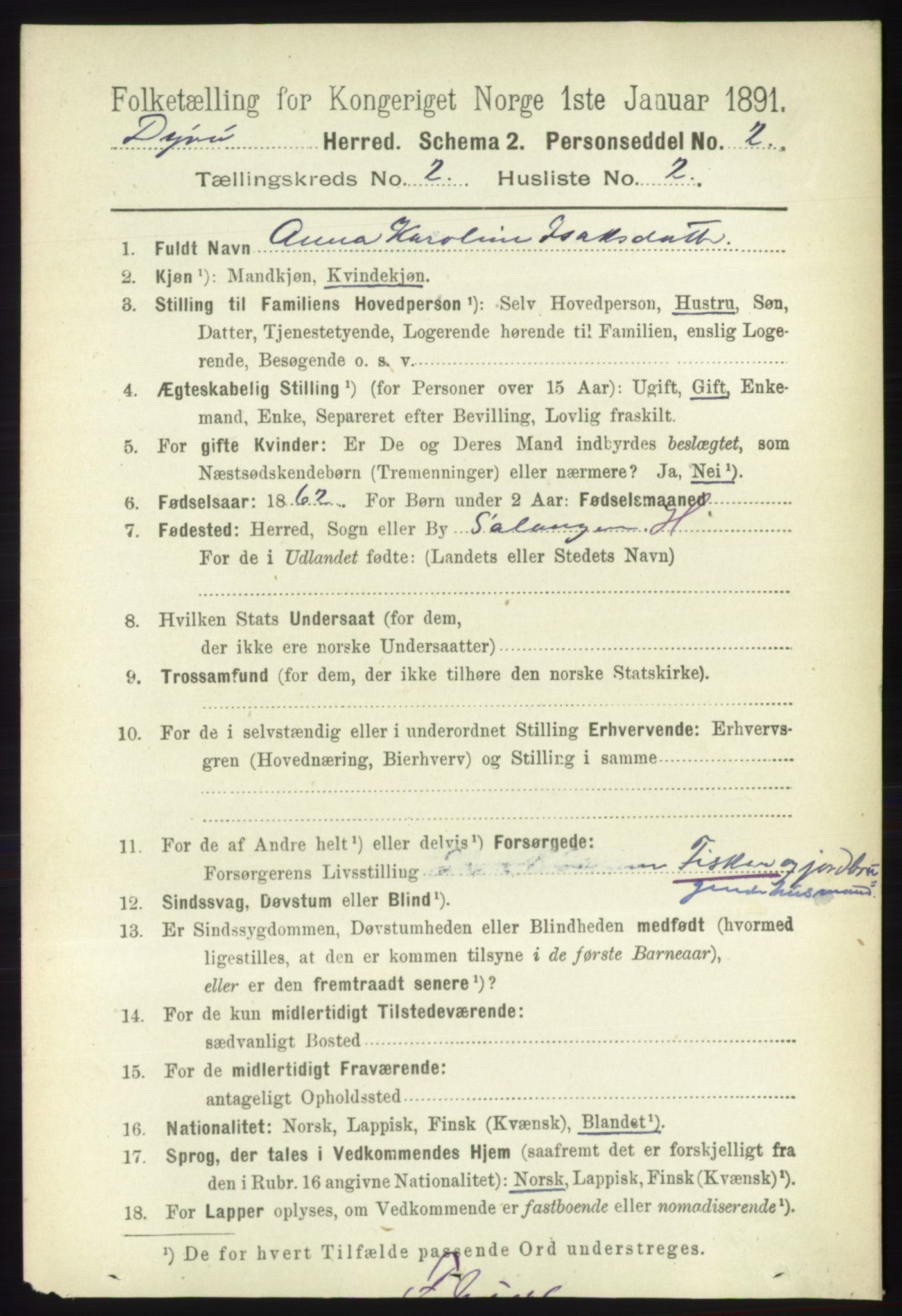 RA, 1891 census for 1926 Dyrøy, 1891, p. 541