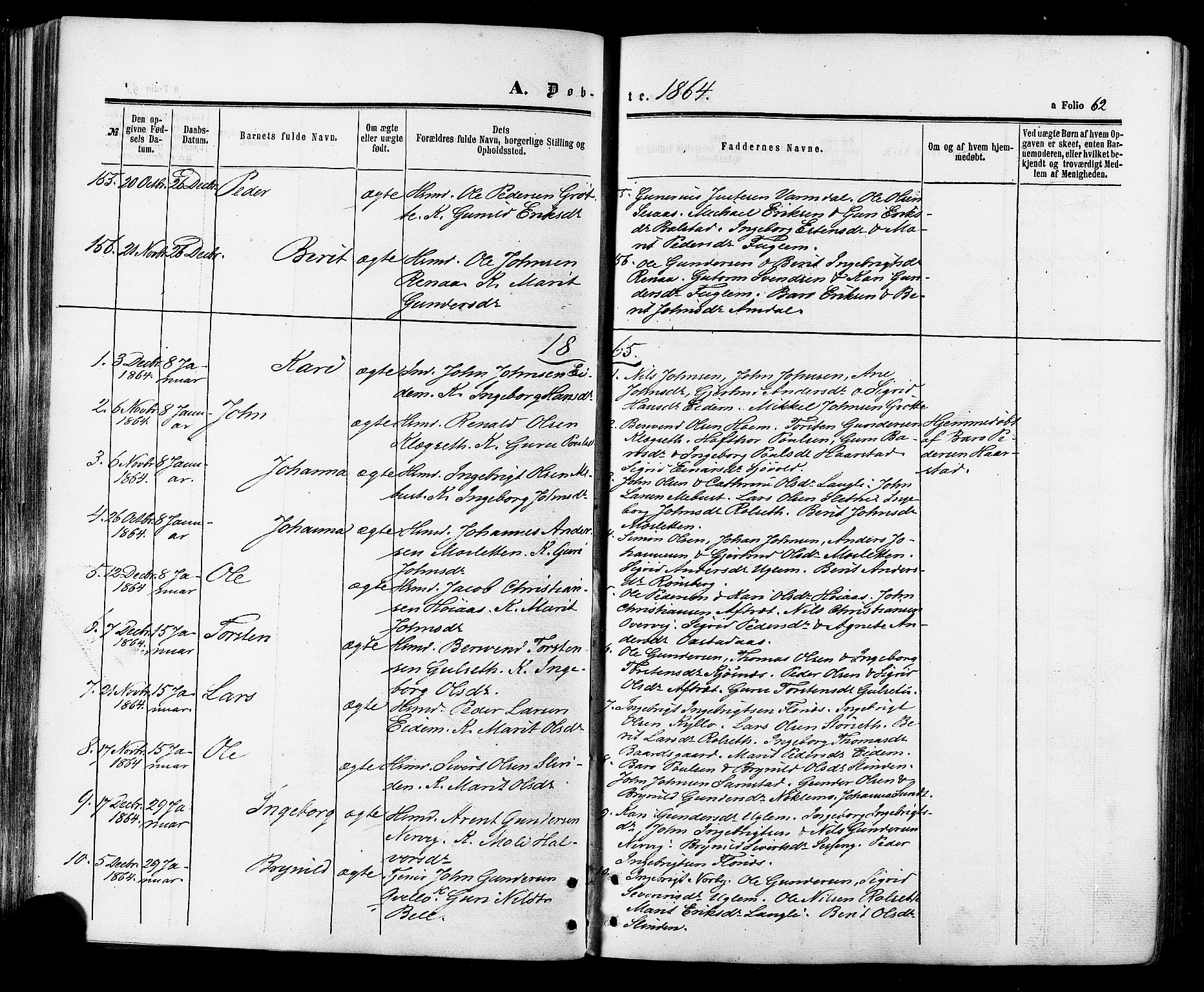 Ministerialprotokoller, klokkerbøker og fødselsregistre - Sør-Trøndelag, SAT/A-1456/695/L1147: Parish register (official) no. 695A07, 1860-1877, p. 62