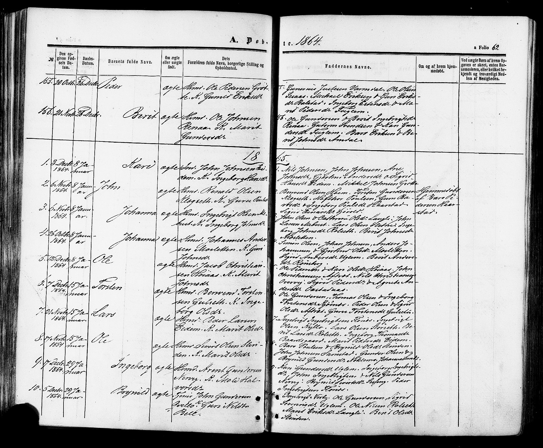 Ministerialprotokoller, klokkerbøker og fødselsregistre - Sør-Trøndelag, AV/SAT-A-1456/695/L1147: Parish register (official) no. 695A07, 1860-1877, p. 62