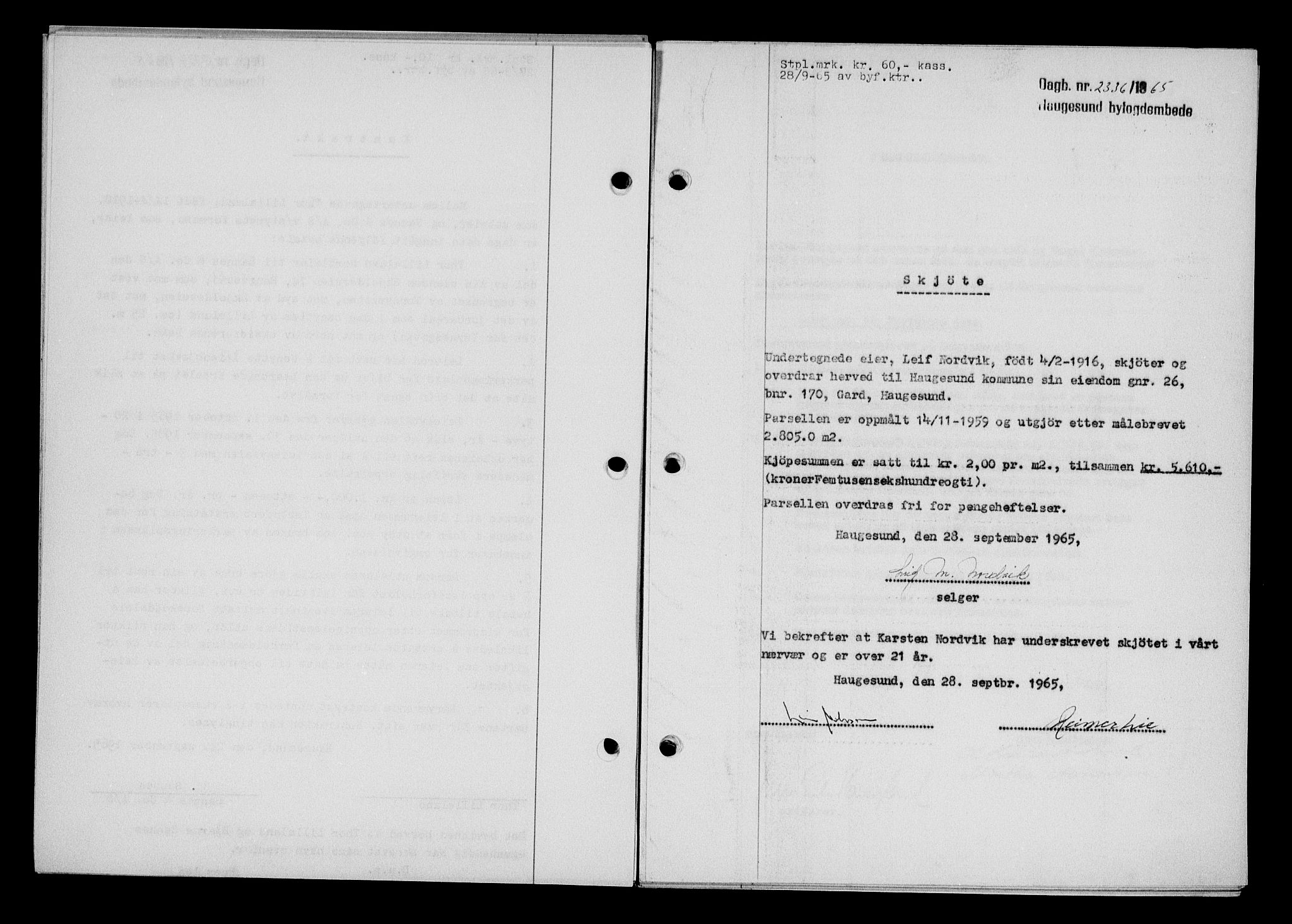 Haugesund tingrett, AV/SAST-A-101415/01/II/IIC/L0076: Mortgage book no. A 17, 1965-1966, Diary no: : 2336/1965