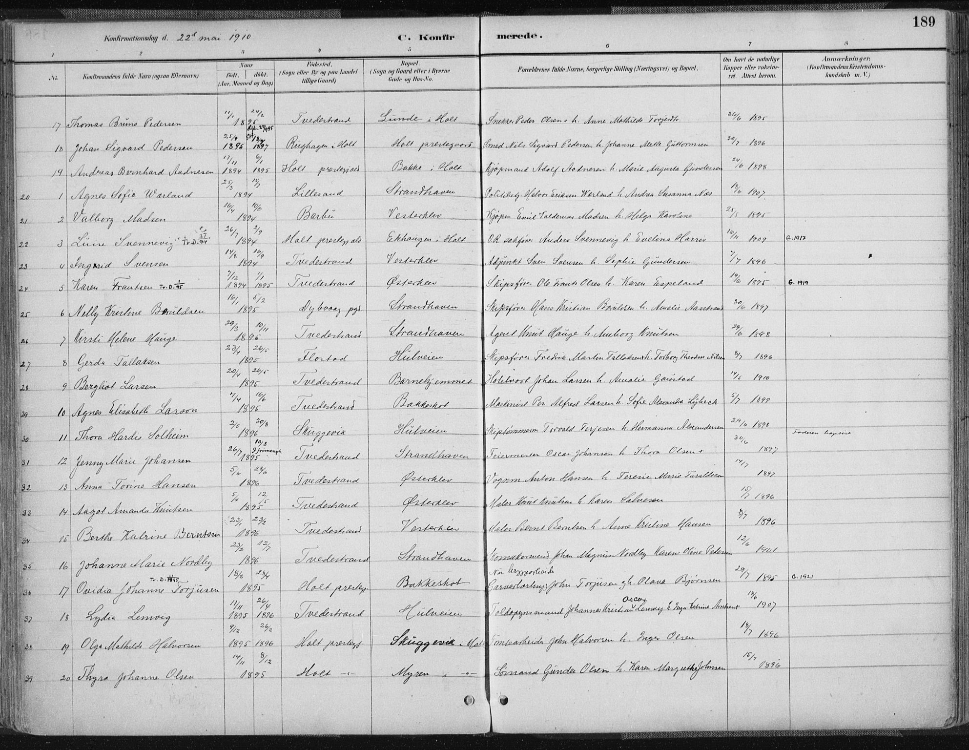 Tvedestrand sokneprestkontor, SAK/1111-0042/F/Fa/L0001: Parish register (official) no. A 1, 1885-1916, p. 189