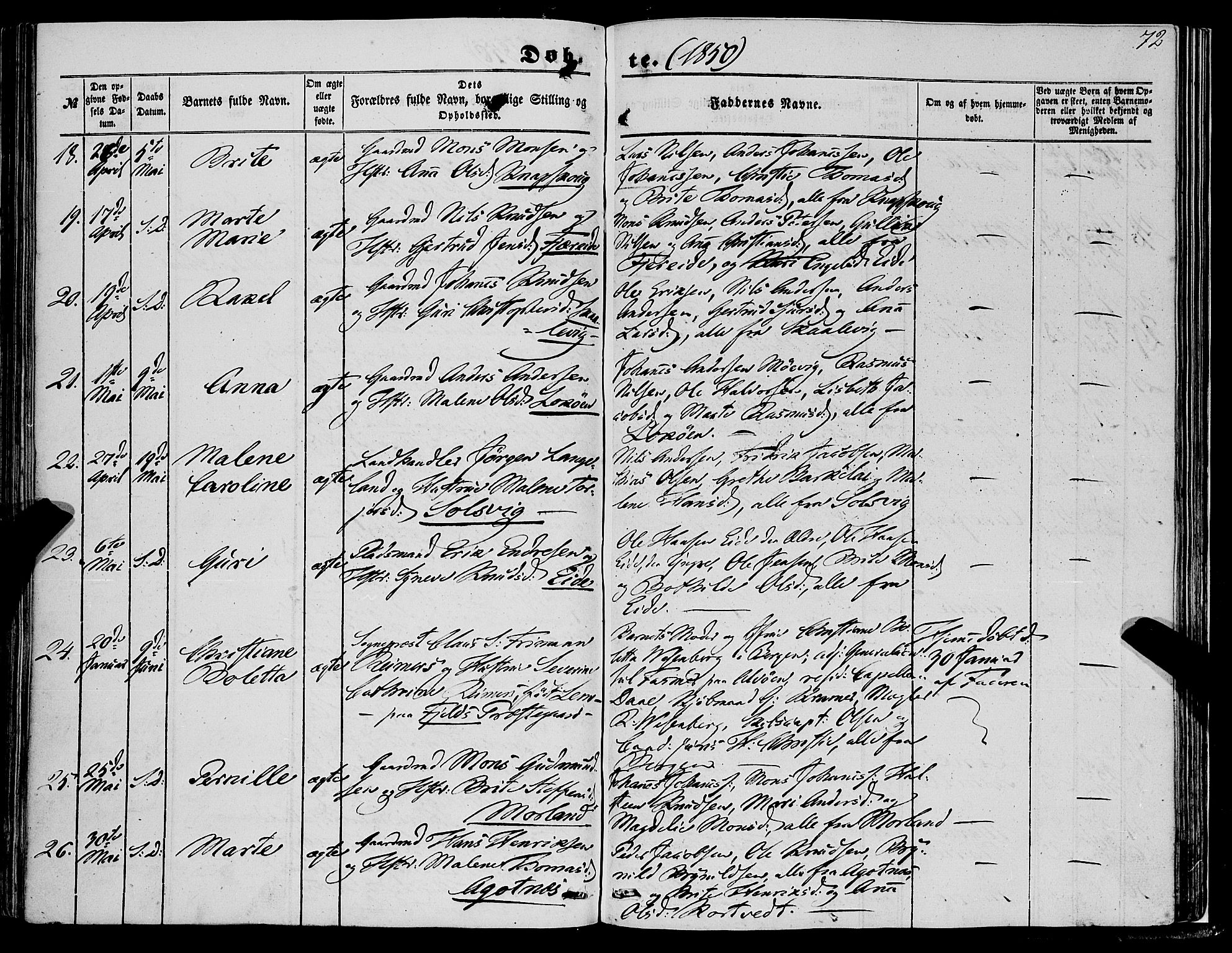 Fjell sokneprestembete, SAB/A-75301/H/Haa: Parish register (official) no. A 2, 1847-1864, p. 72