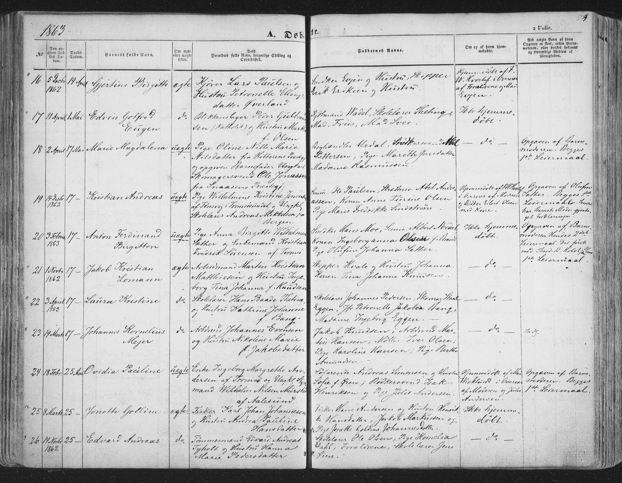 Tromsø sokneprestkontor/stiftsprosti/domprosti, SATØ/S-1343/G/Ga/L0011kirke: Parish register (official) no. 11, 1856-1865, p. 74
