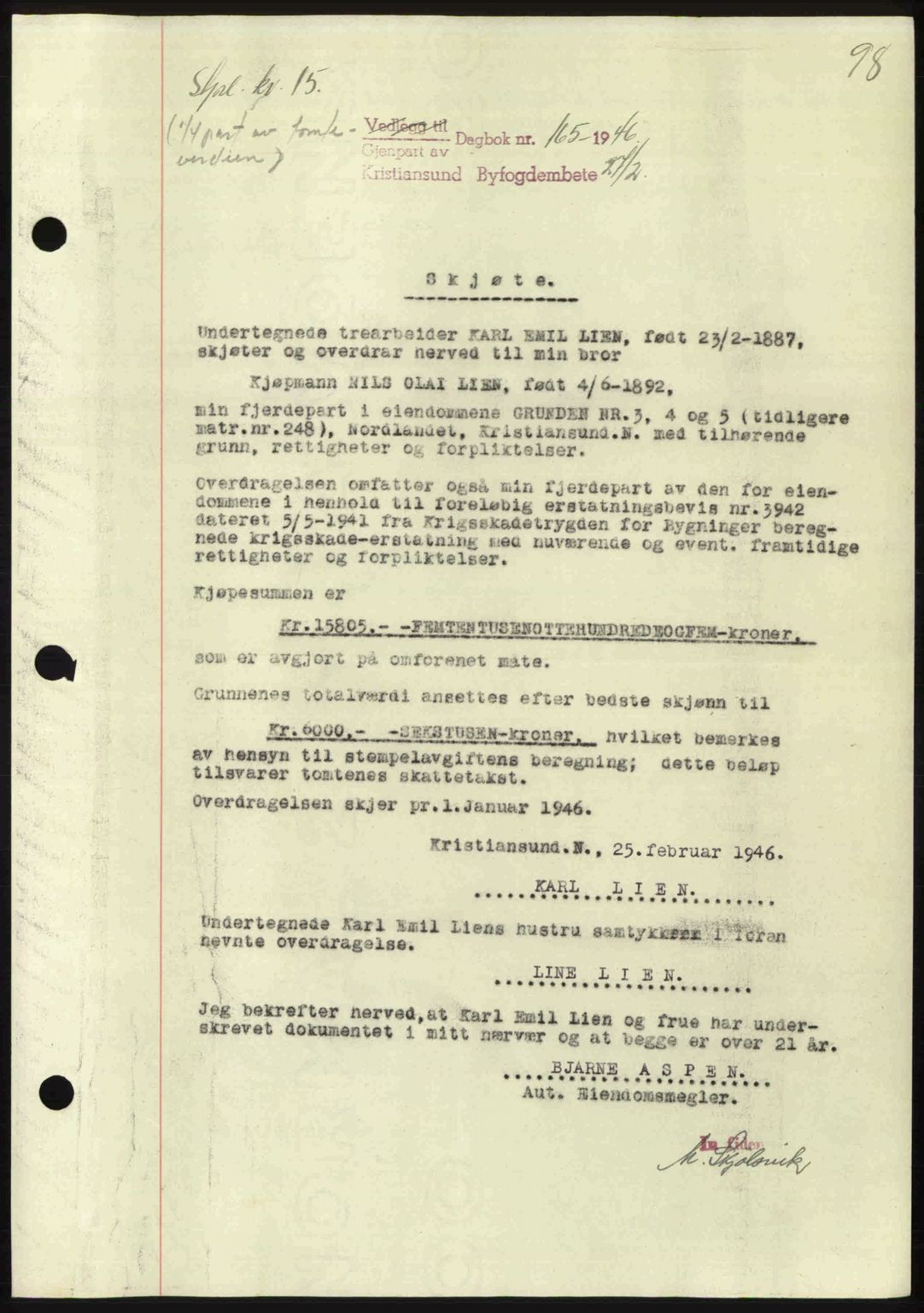Kristiansund byfogd, AV/SAT-A-4587/A/27: Mortgage book no. 39b, 1946-1947, Diary no: : 165/1946