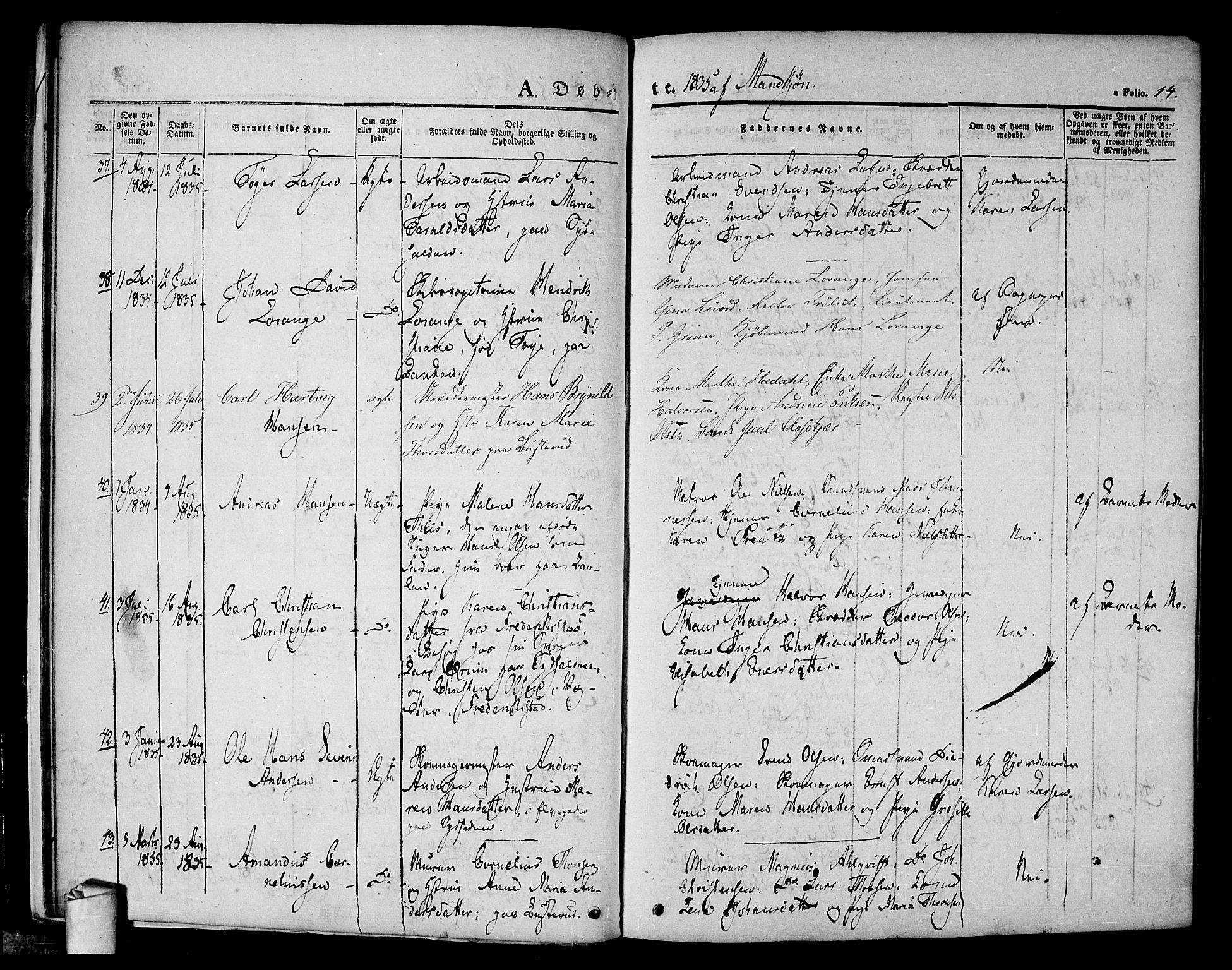 Halden prestekontor Kirkebøker, AV/SAO-A-10909/F/Fa/L0005: Parish register (official) no. I 5, 1834-1845, p. 14
