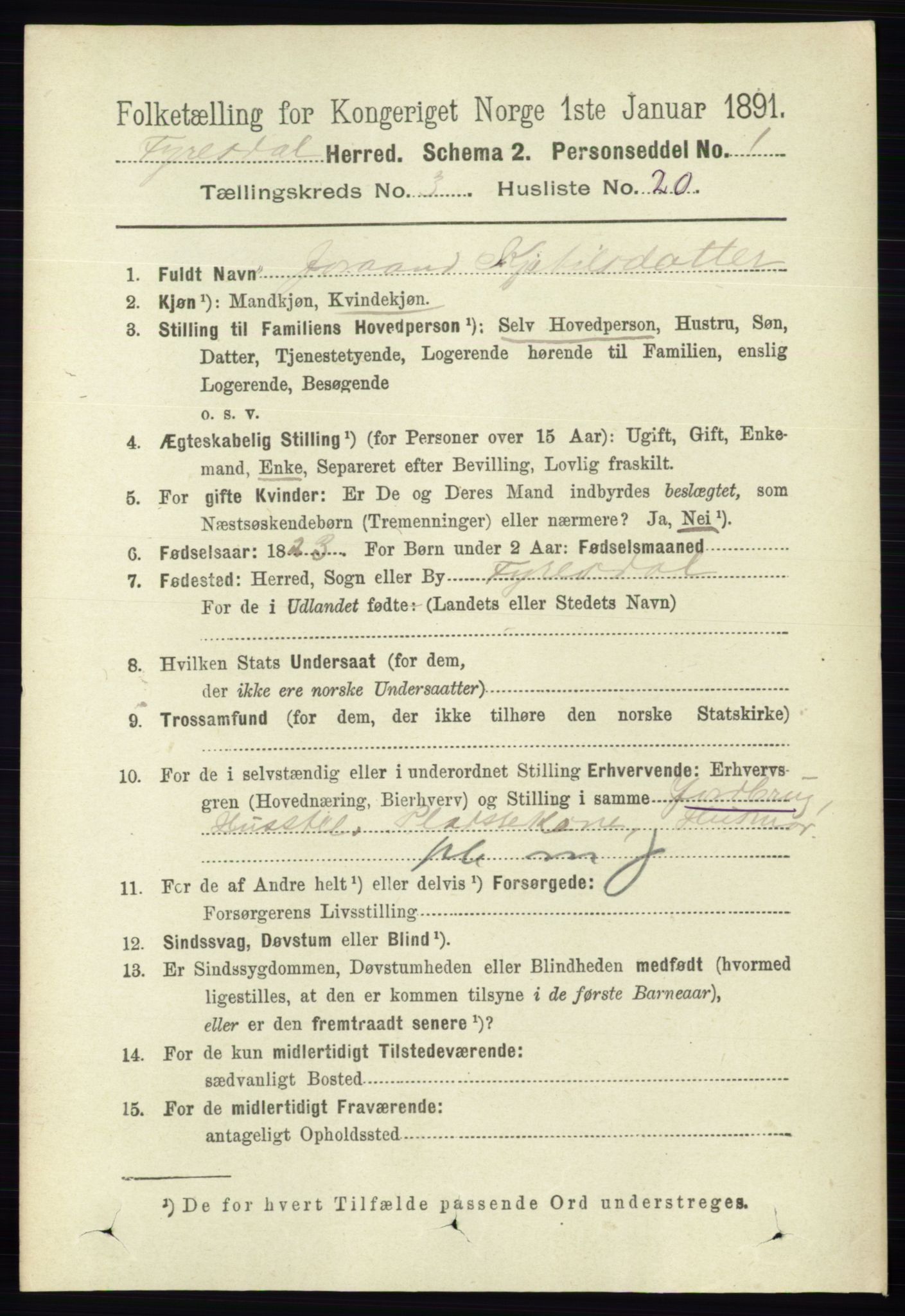 RA, 1891 census for 0831 Fyresdal, 1891, p. 584