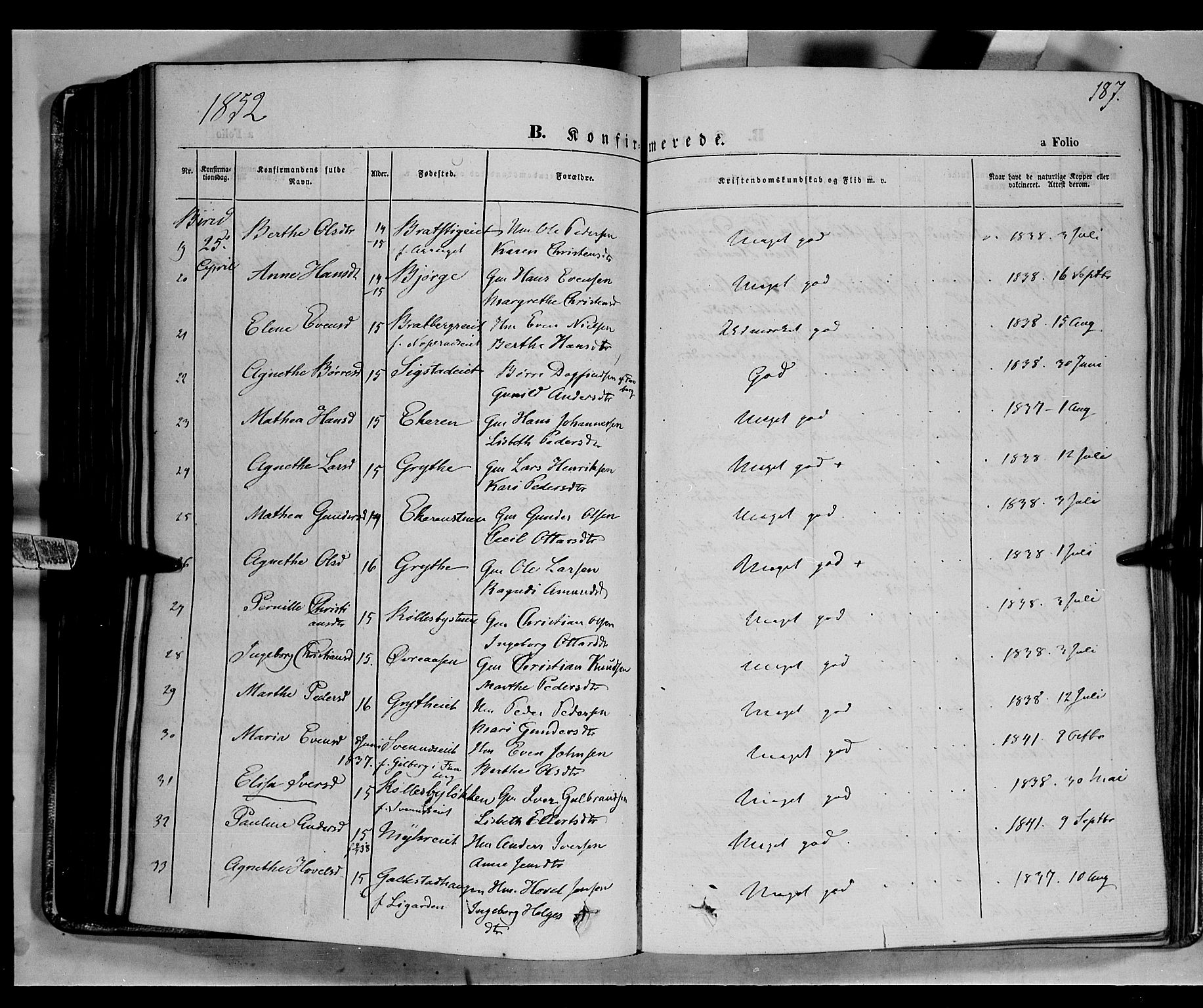 Biri prestekontor, SAH/PREST-096/H/Ha/Haa/L0005: Parish register (official) no. 5, 1843-1854, p. 187