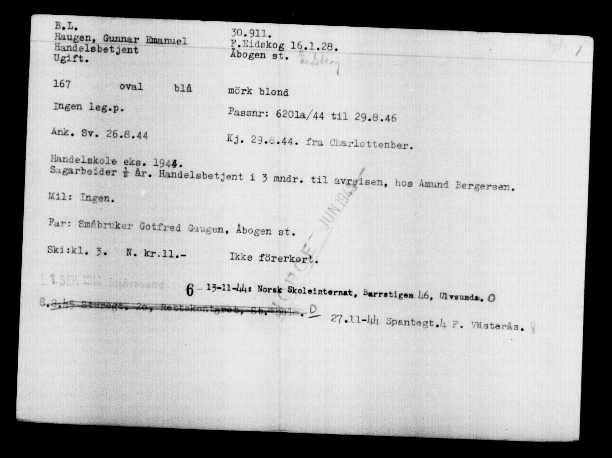 Utenriksstasjonene, Legasjonen i Stockholm, Flyktningkontoret, AV/RA-S-6753/V/Va/L0012: Kjesäterkartoteket, flyktninger med registreringsnr. 28300-31566, 1940-1945, p. 2838