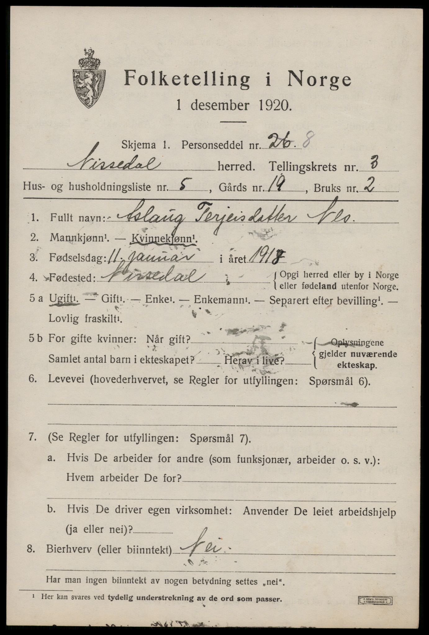 SAKO, 1920 census for Nissedal, 1920, p. 1547