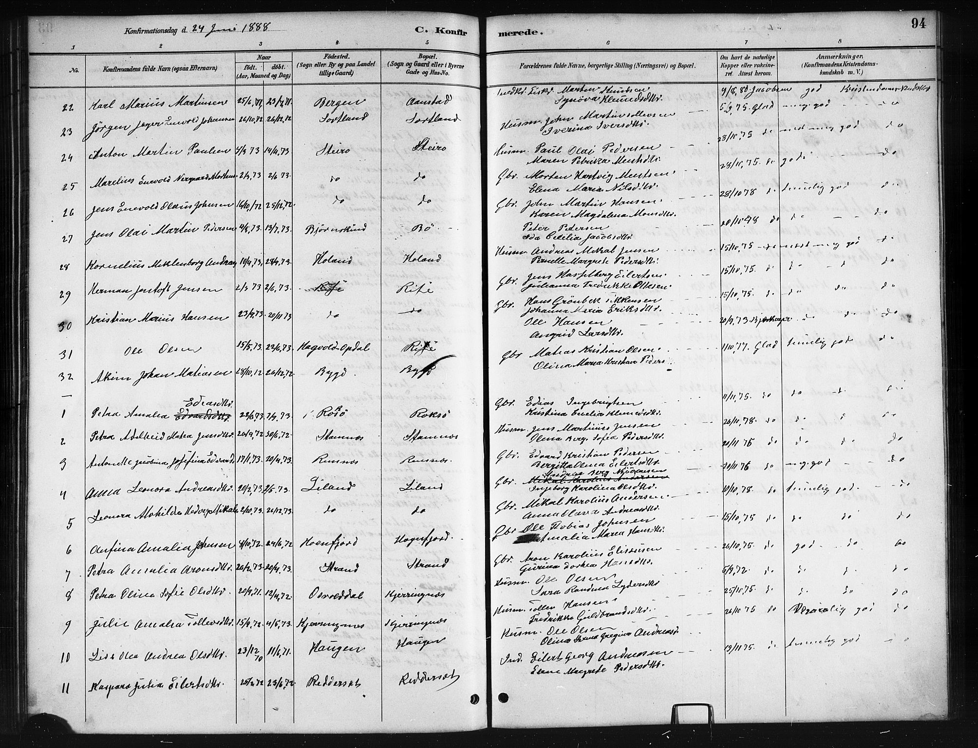 Ministerialprotokoller, klokkerbøker og fødselsregistre - Nordland, AV/SAT-A-1459/895/L1382: Parish register (copy) no. 895C04, 1885-1896, p. 94