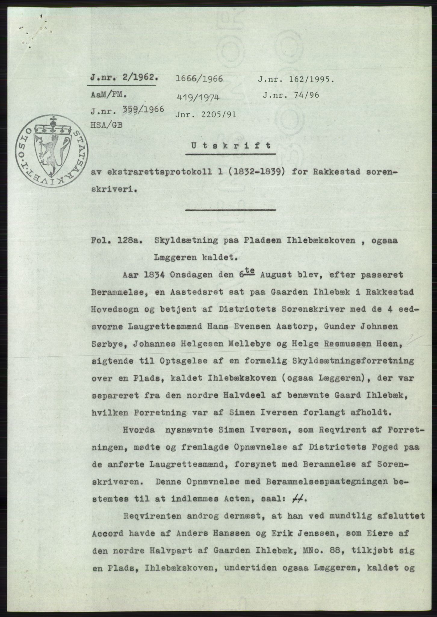 Statsarkivet i Oslo, AV/SAO-A-10621/Z/Zd/L0015: Avskrifter, j.nr 2-699/1962, 1962, p. 1