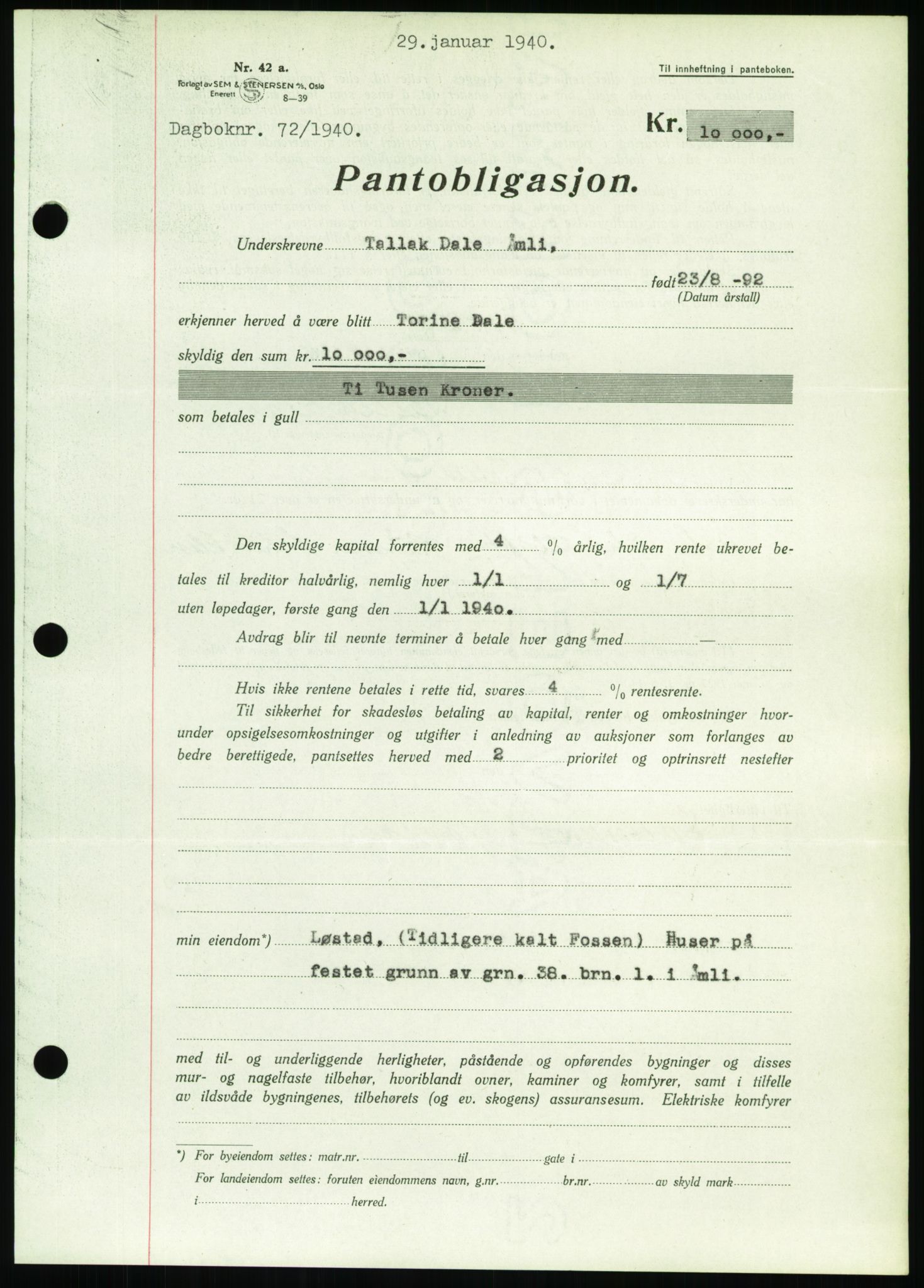 Nedenes sorenskriveri, AV/SAK-1221-0006/G/Gb/Gbb/L0001: Mortgage book no. I, 1939-1942, Diary no: : 72/1940