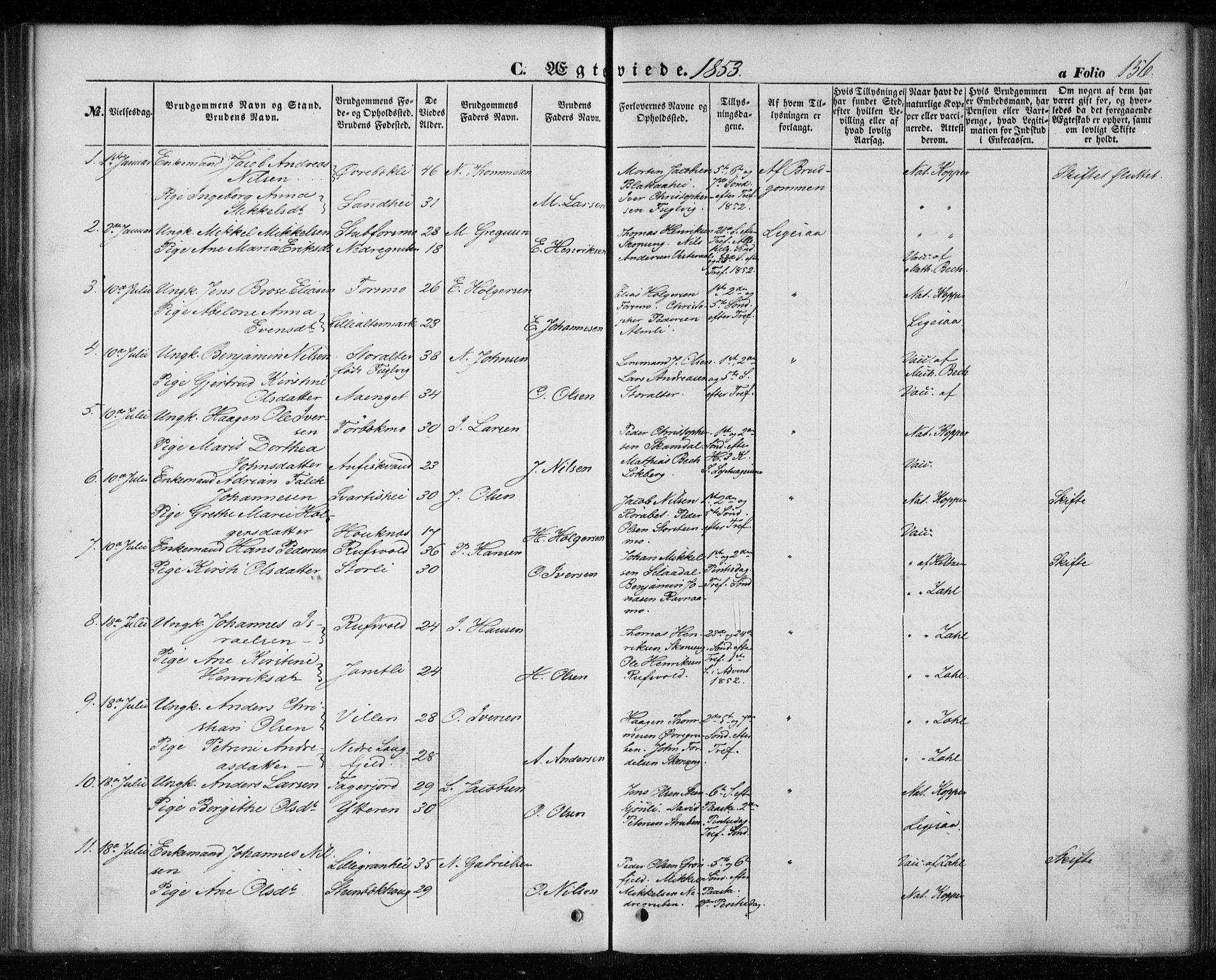 Ministerialprotokoller, klokkerbøker og fødselsregistre - Nordland, SAT/A-1459/827/L0392: Parish register (official) no. 827A04, 1853-1866, p. 156