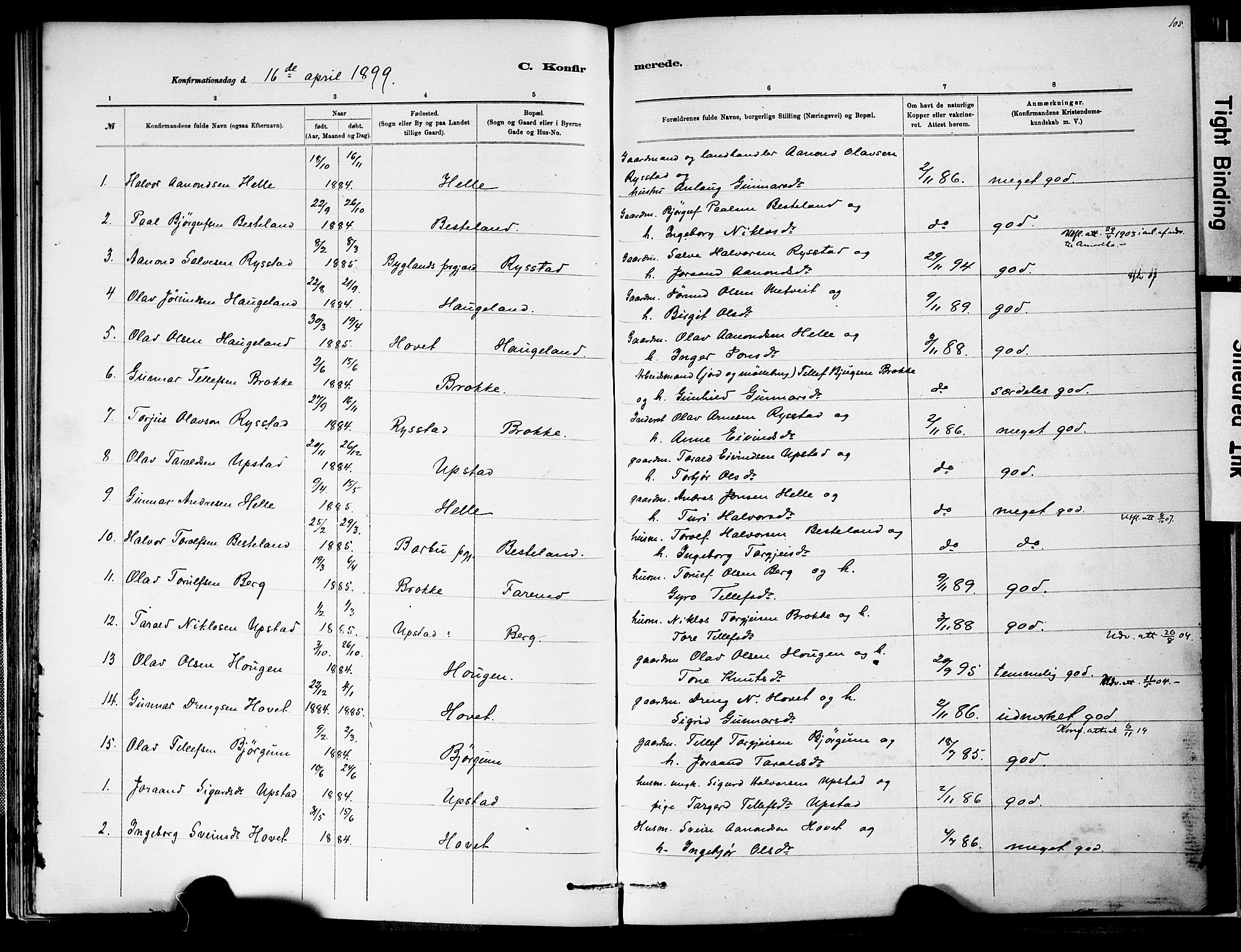 Valle sokneprestkontor, SAK/1111-0044/F/Fa/Fab/L0001: Parish register (official) no. A 1, 1882-1910, p. 105