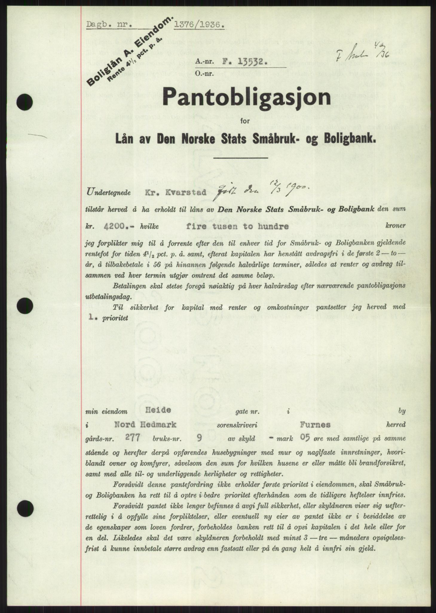 Nord-Hedmark sorenskriveri, SAH/TING-012/H/Hb/Hbf/L0001: Mortgage book no. B1, 1936-1936, Diary no: : 1376/1936