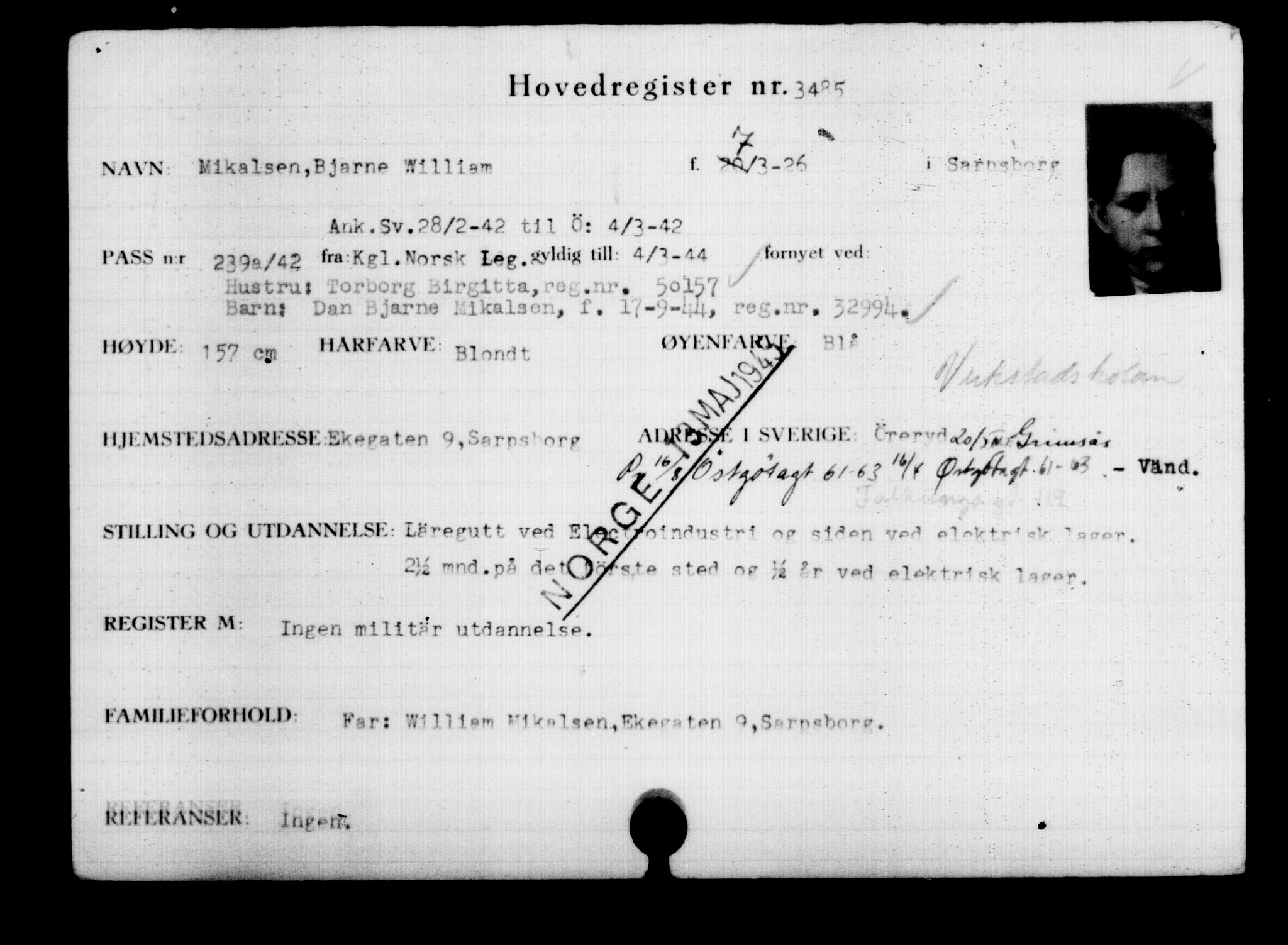 Utenriksstasjonene, Legasjonen i Stockholm, Flyktningkontoret, AV/RA-S-6753/V/Va/L0003: Kjesäterkartoteket, flyktninger med registreringsnr. 2001-3495, 1940-1945, p. 1999
