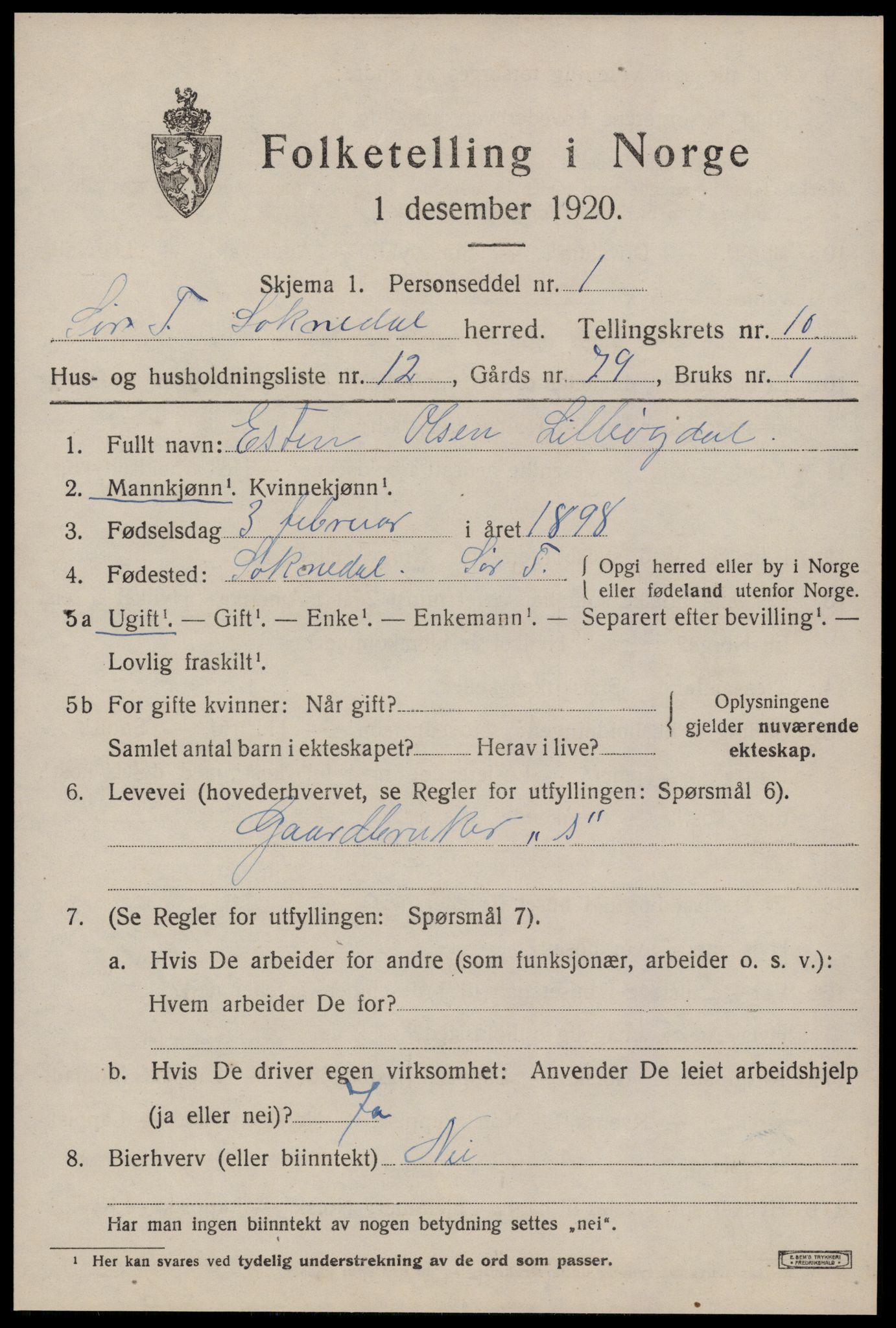 SAT, 1920 census for Soknedal, 1920, p. 4734