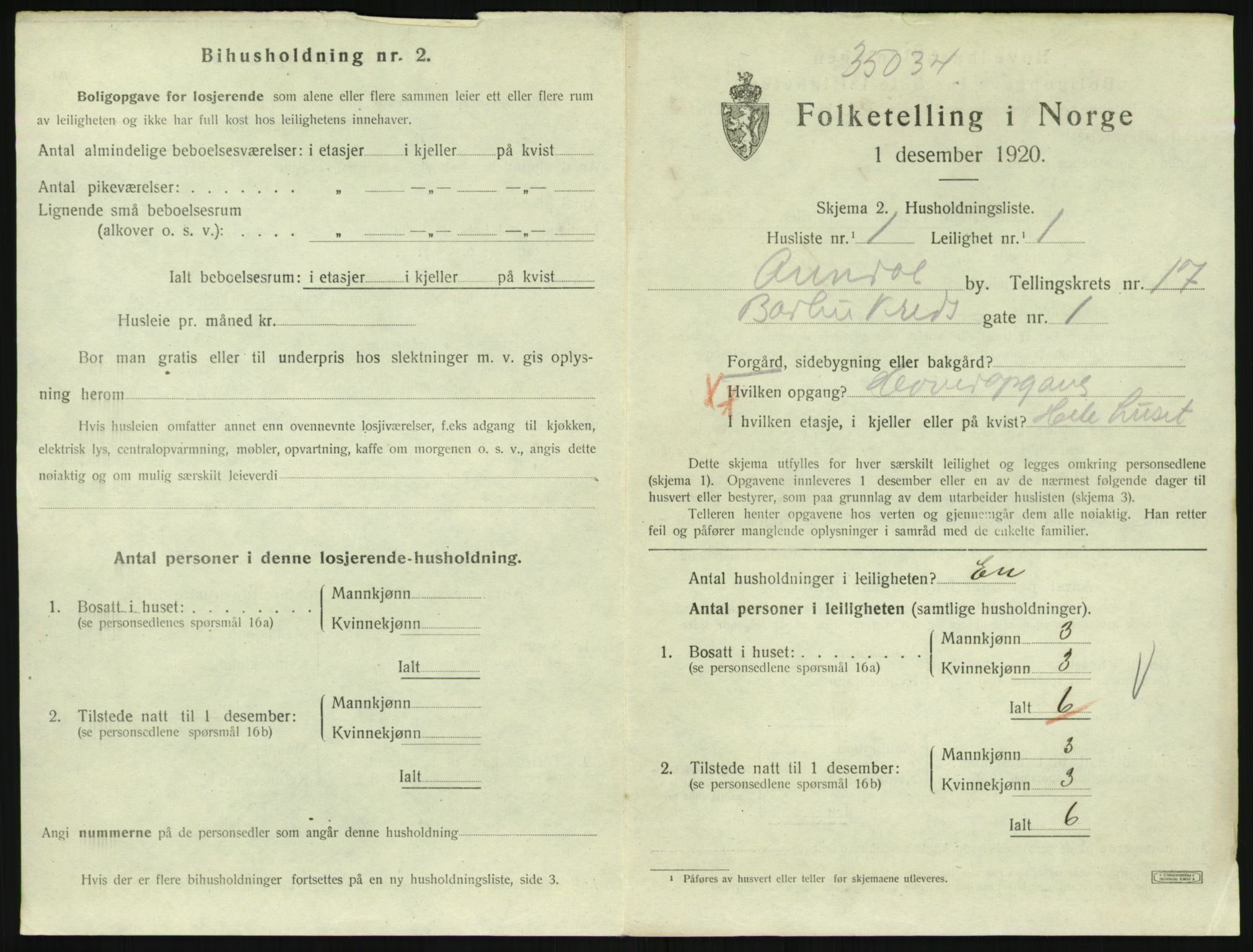 SAK, 1920 census for Arendal, 1920, p. 7630