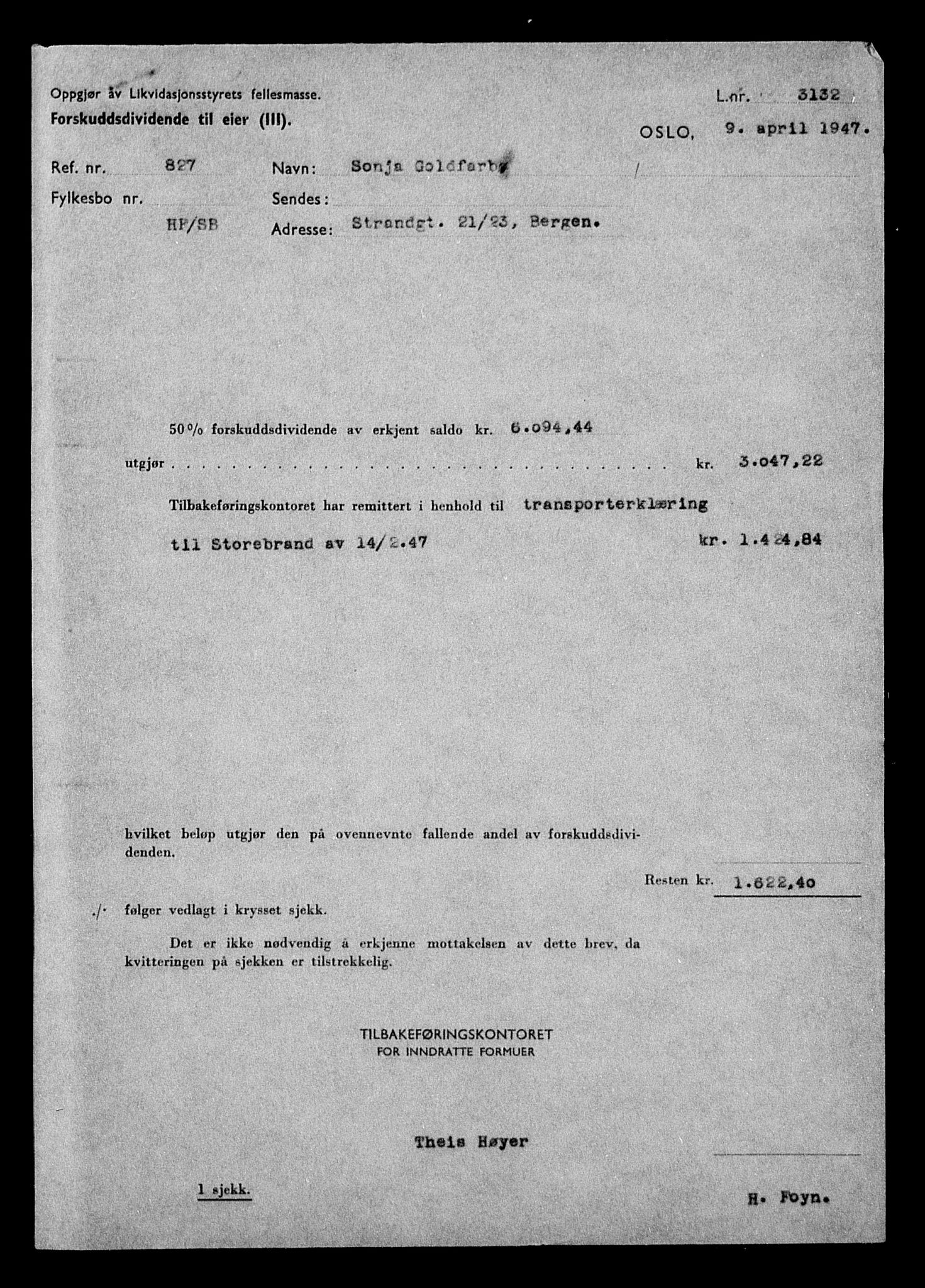 Justisdepartementet, Tilbakeføringskontoret for inndratte formuer, AV/RA-S-1564/H/Hc/Hcd/L0996: --, 1945-1947, p. 126