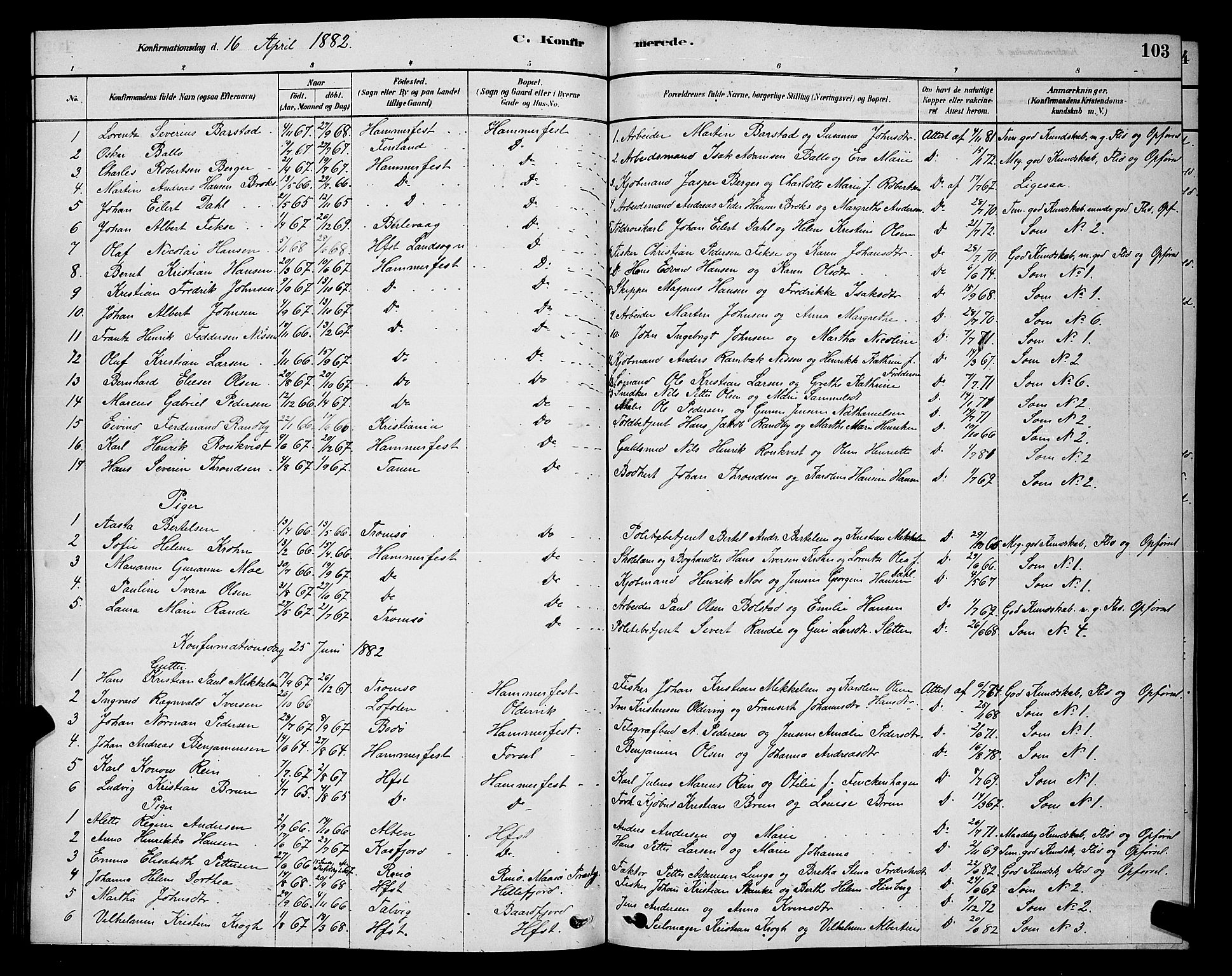 Hammerfest sokneprestkontor, SATØ/S-1347/H/Hb/L0006.klokk: Parish register (copy) no. 6, 1876-1884, p. 103