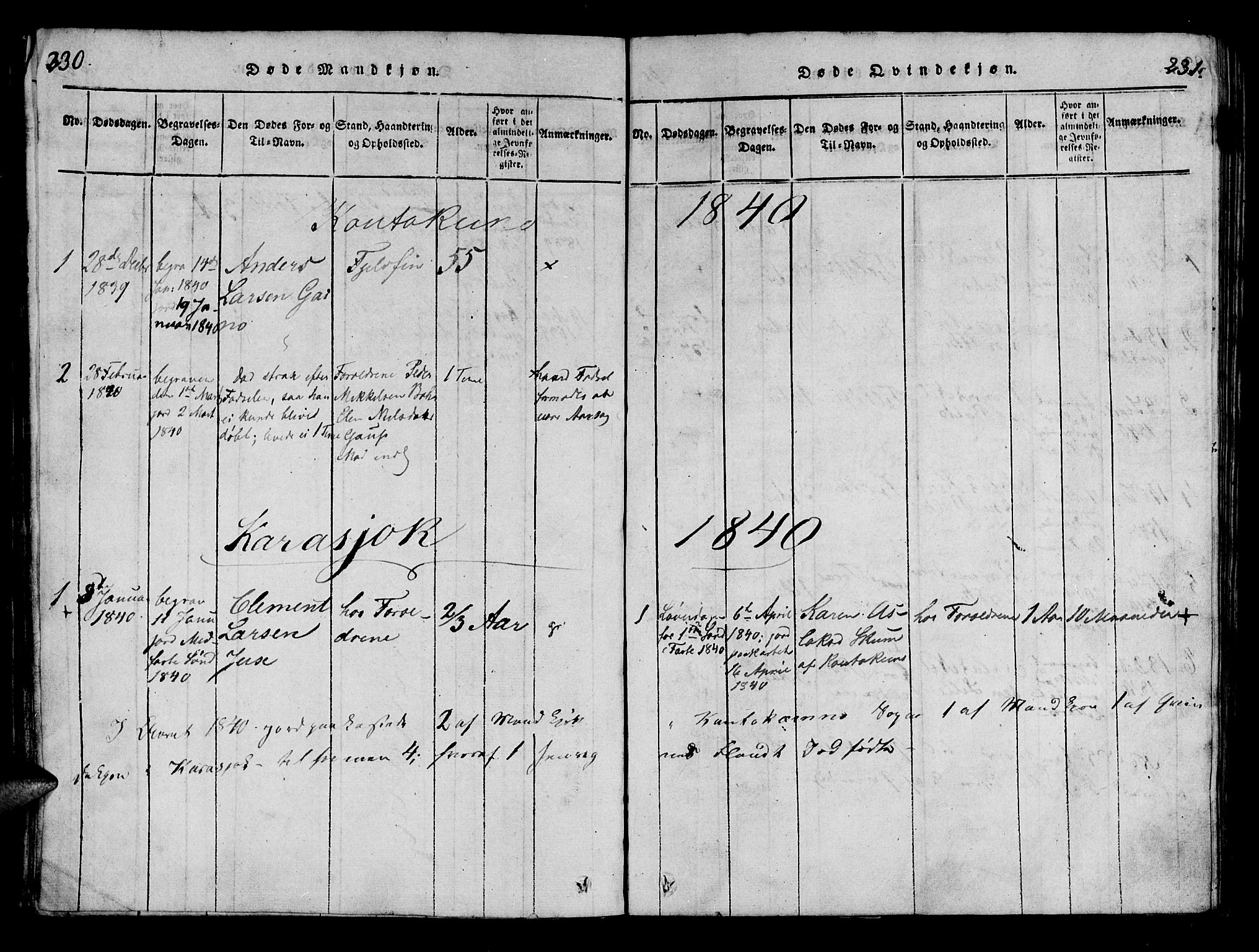 Kistrand/Porsanger sokneprestembete, AV/SATØ-S-1351/H/Ha/L0010.kirke: Parish register (official) no. 10, 1821-1842, p. 230-231