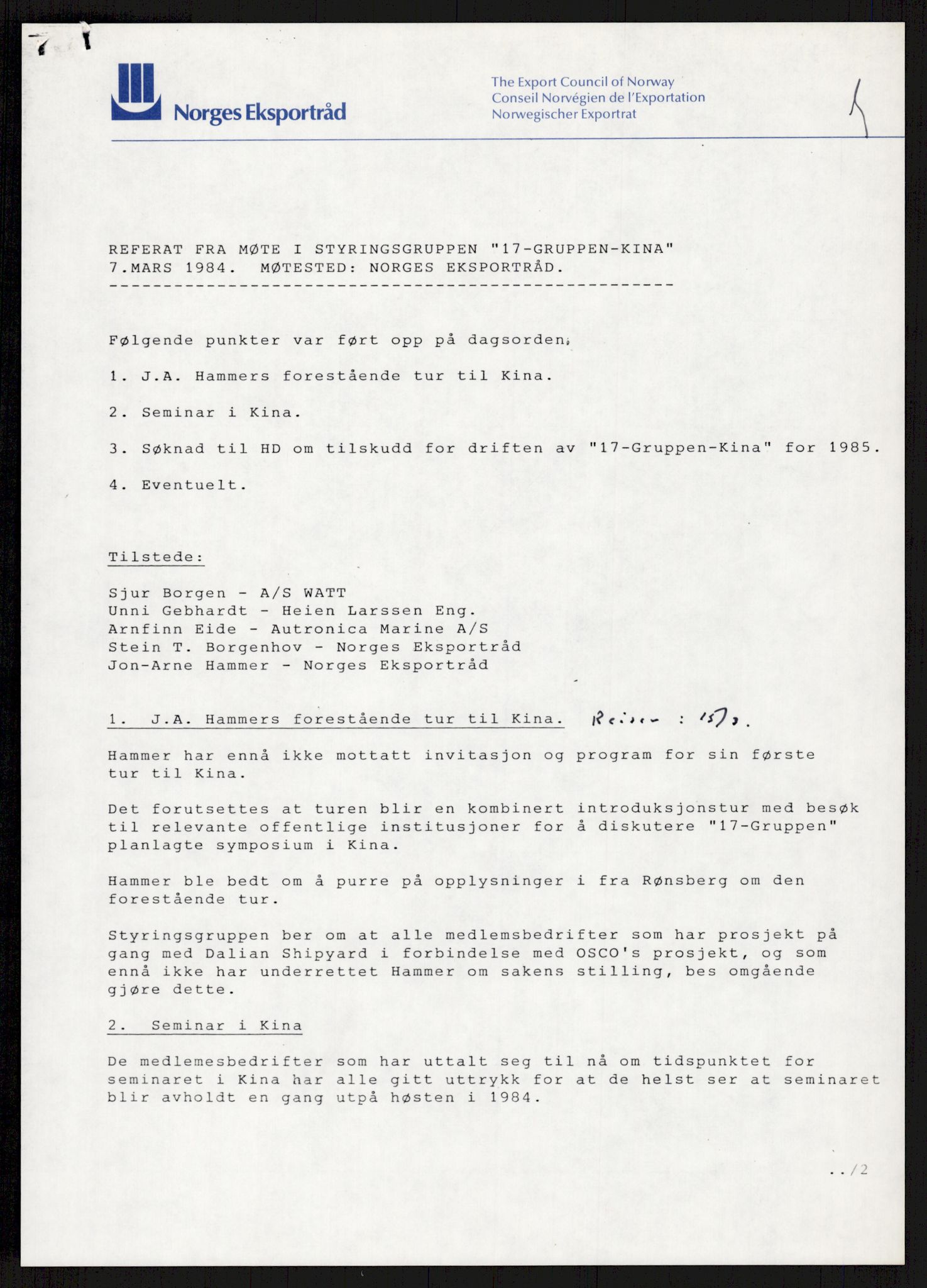 "17-Gruppen Kina", AV/RA-PA-1688/A/L0001: Møtereferater, 1979-1986, p. 77