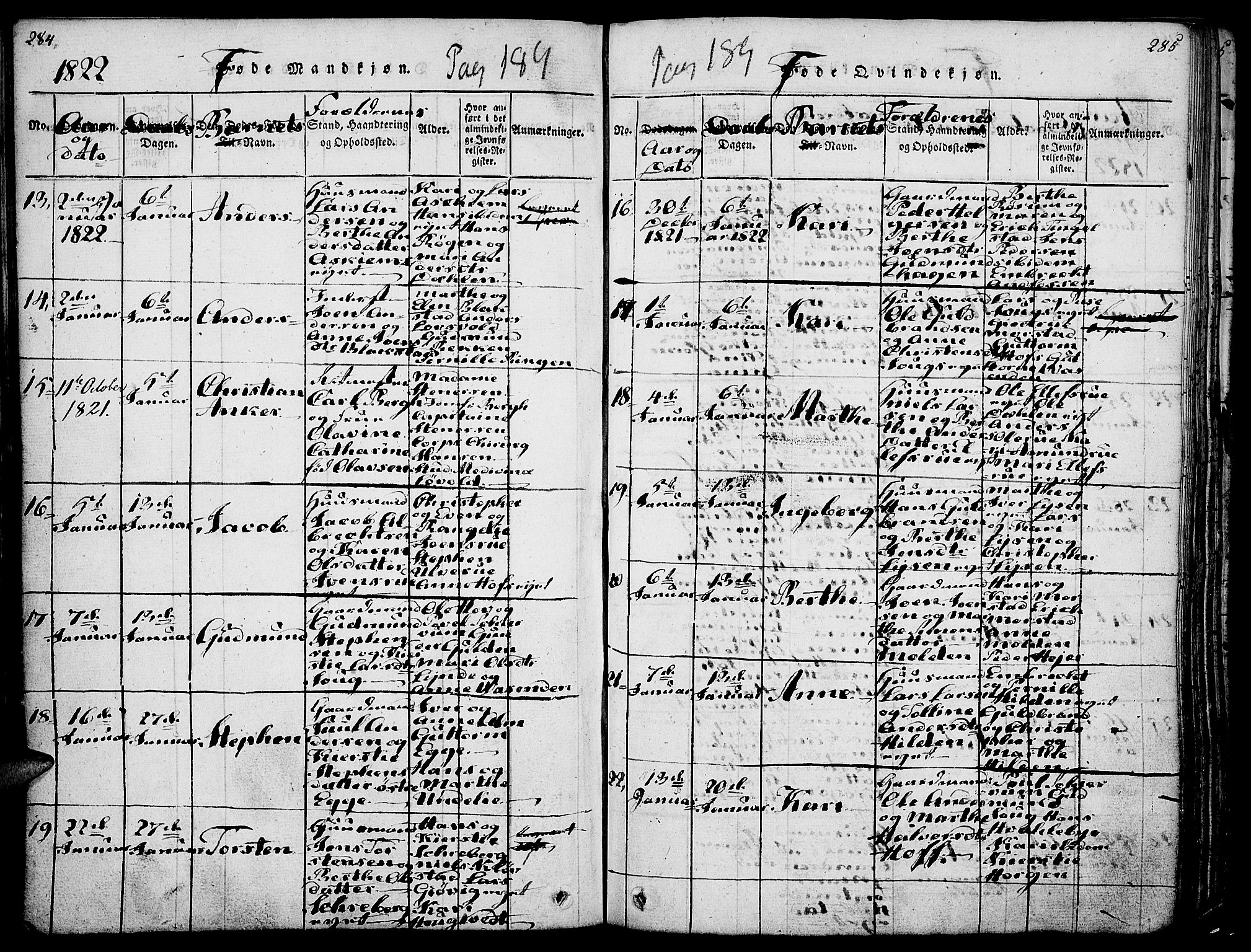 Gran prestekontor, SAH/PREST-112/H/Ha/Haa/L0009: Parish register (official) no. 9, 1815-1824, p. 284-285