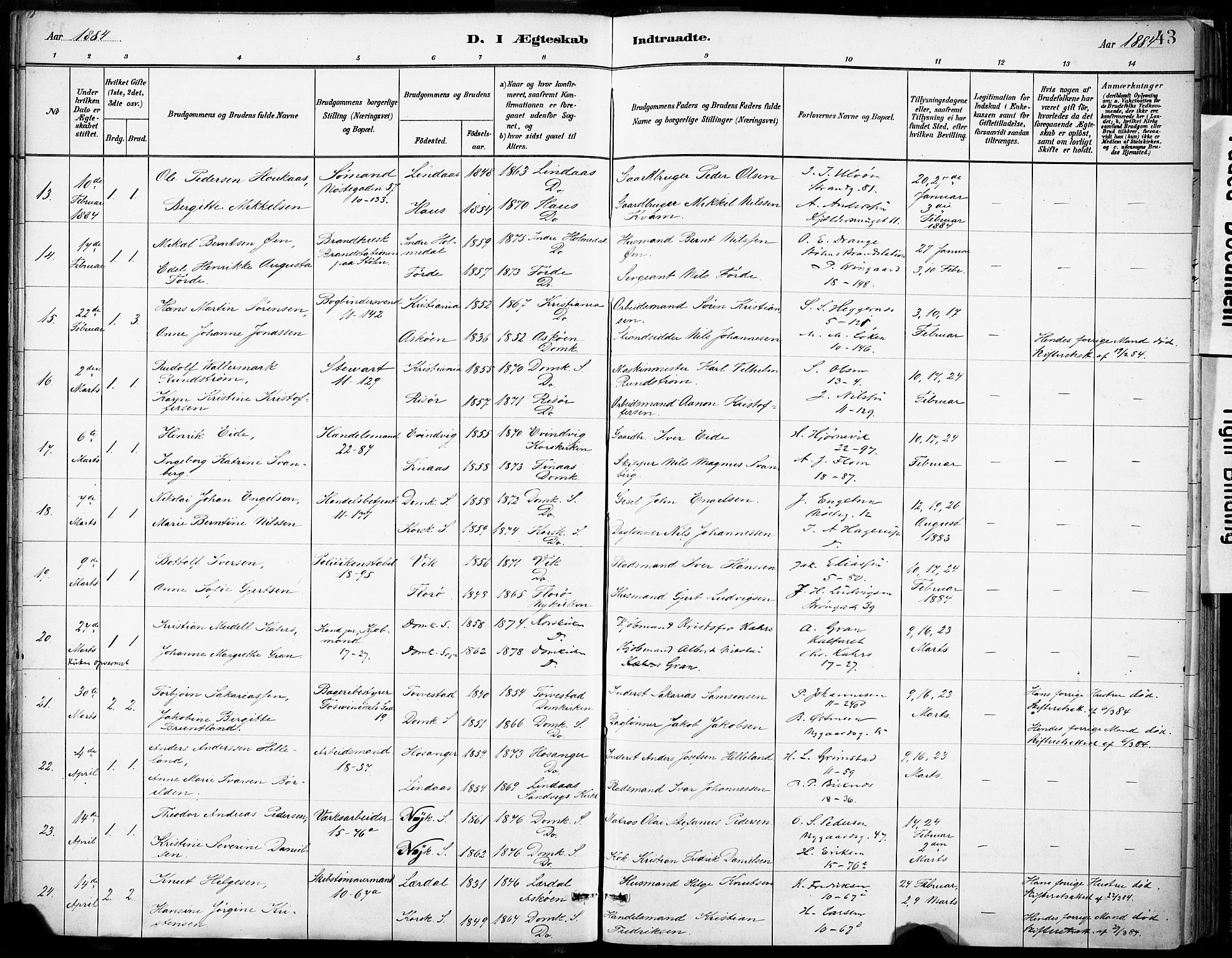 Domkirken sokneprestembete, AV/SAB-A-74801/H/Haa/L0037: Parish register (official) no. D 4, 1880-1907, p. 43