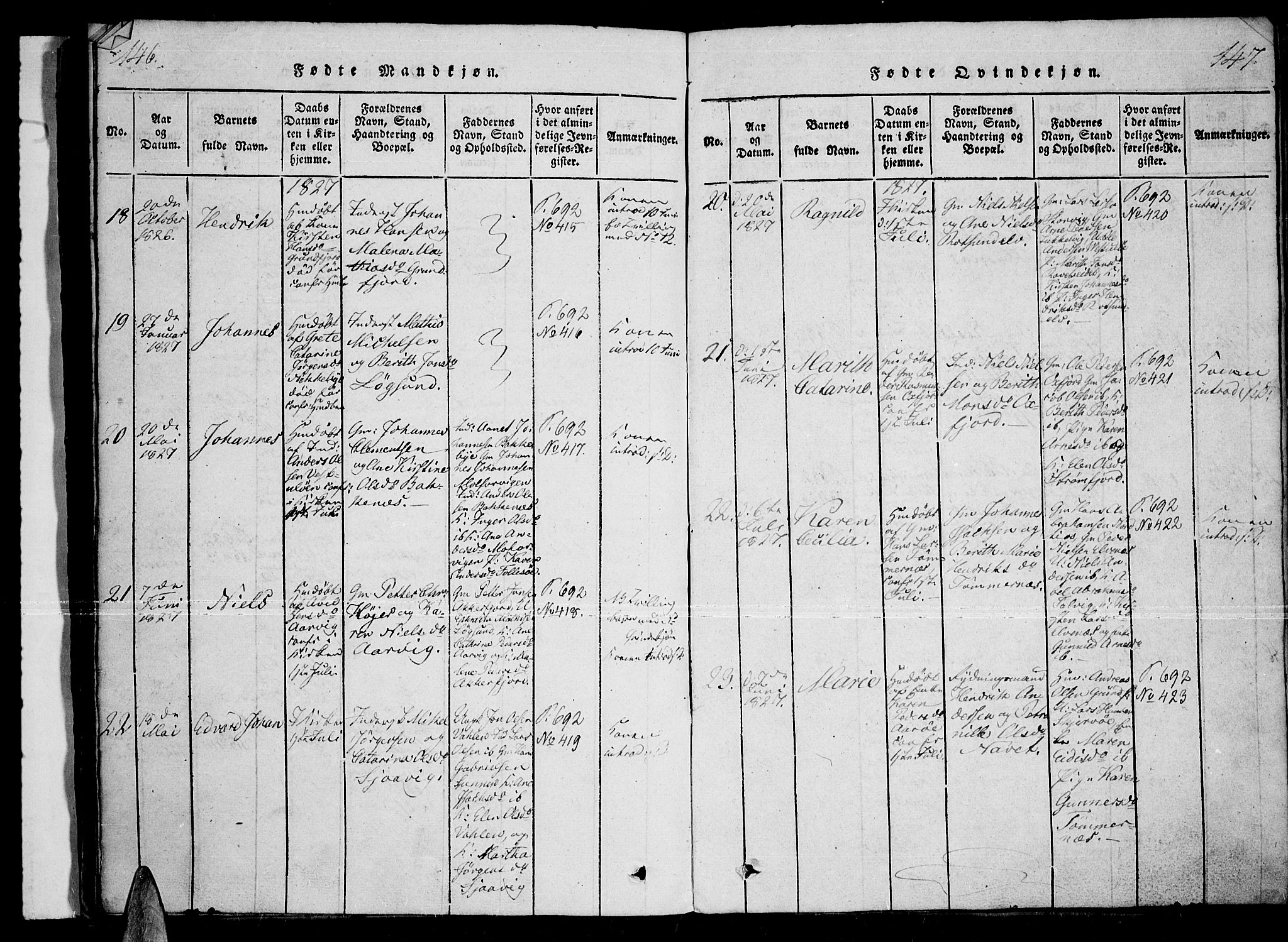 Skjervøy sokneprestkontor, AV/SATØ-S-1300/H/Ha/Haa/L0004kirke: Parish register (official) no. 4, 1820-1838, p. 146-147