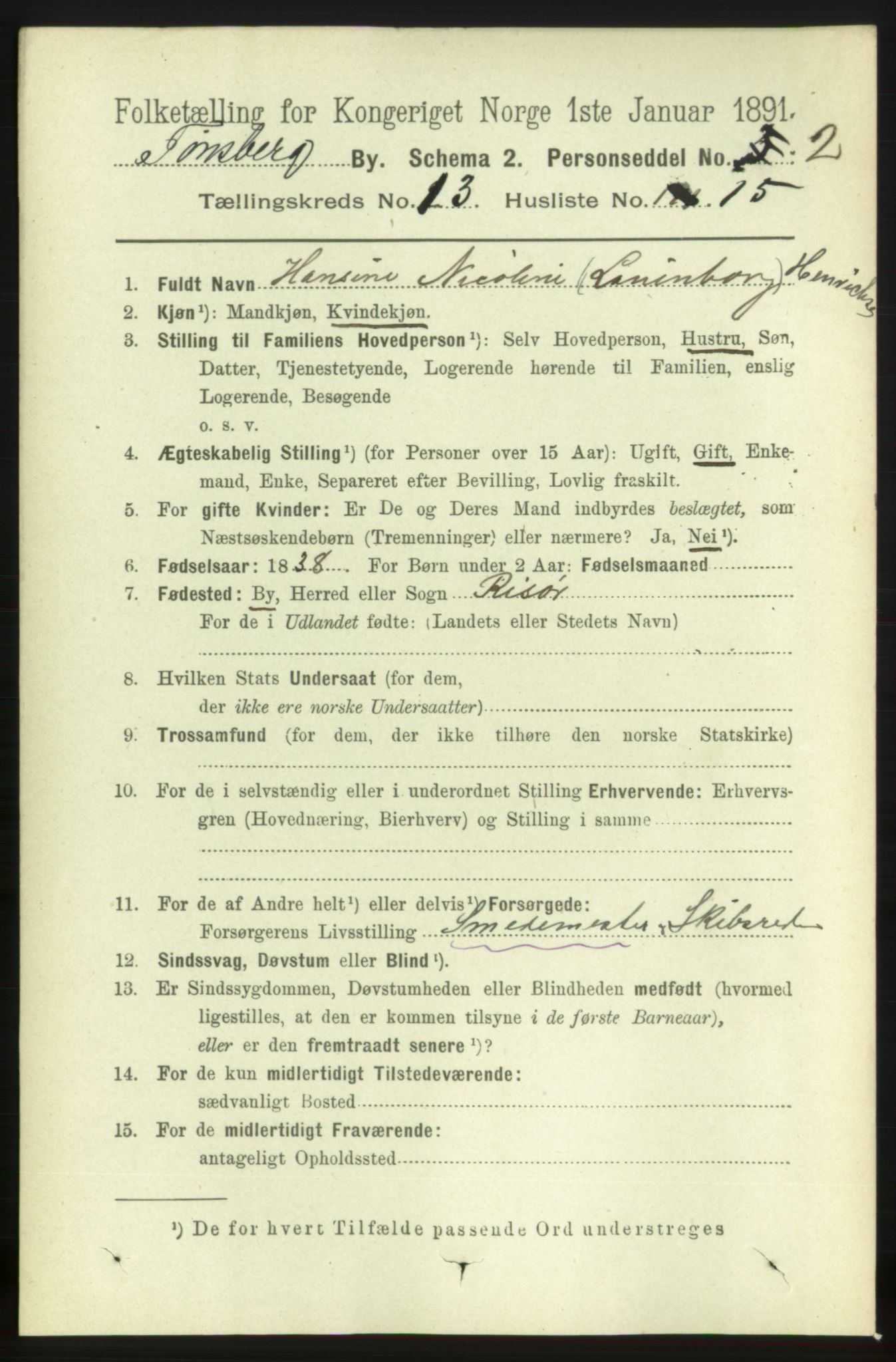 RA, 1891 census for 0705 Tønsberg, 1891, p. 4491