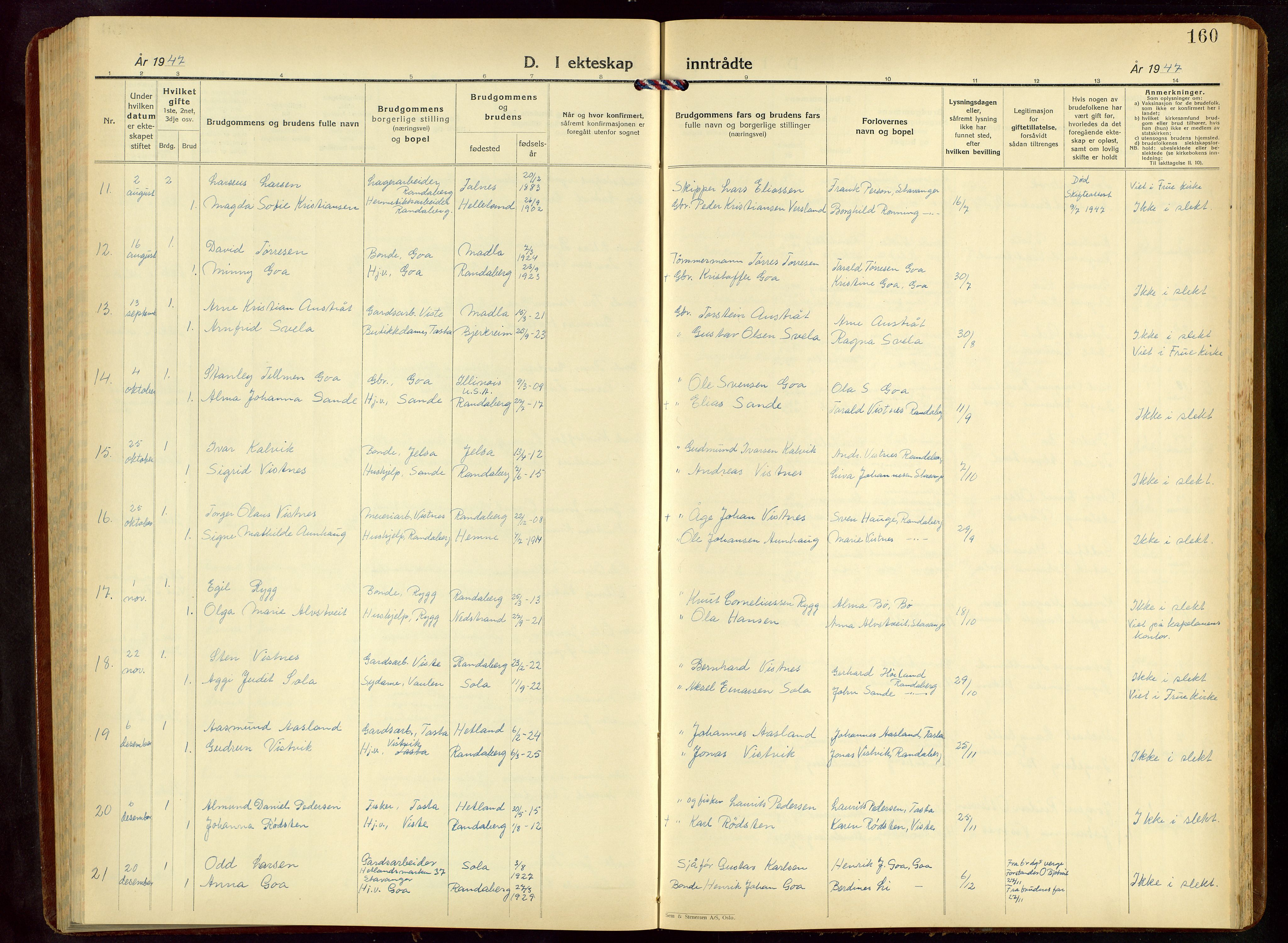 Hetland sokneprestkontor, AV/SAST-A-101826/30/30BB/L0015: Parish register (copy) no. B 15, 1940-1955, p. 160