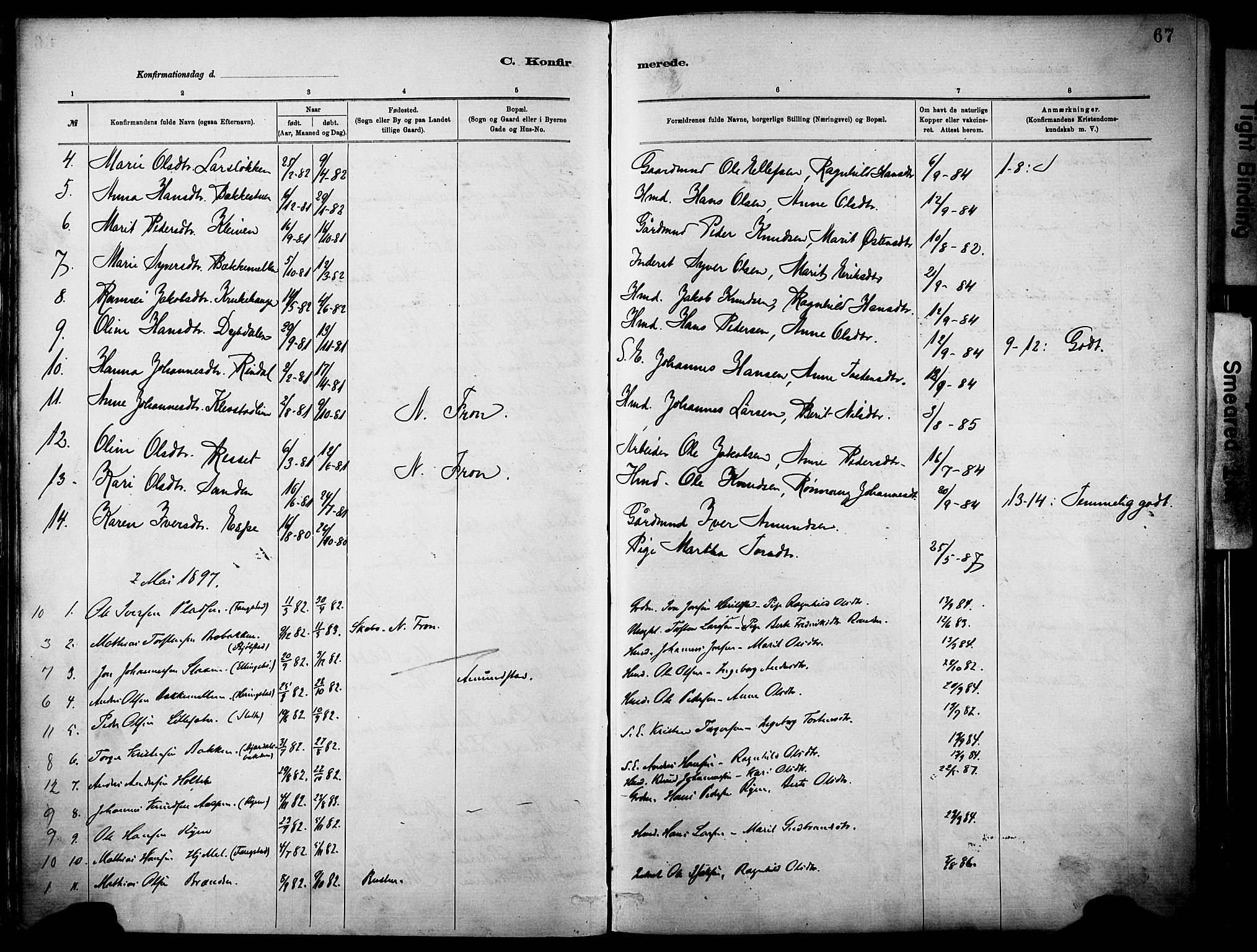 Vågå prestekontor, SAH/PREST-076/H/Ha/Haa/L0010: Parish register (official) no. 10, 1887-1904, p. 67