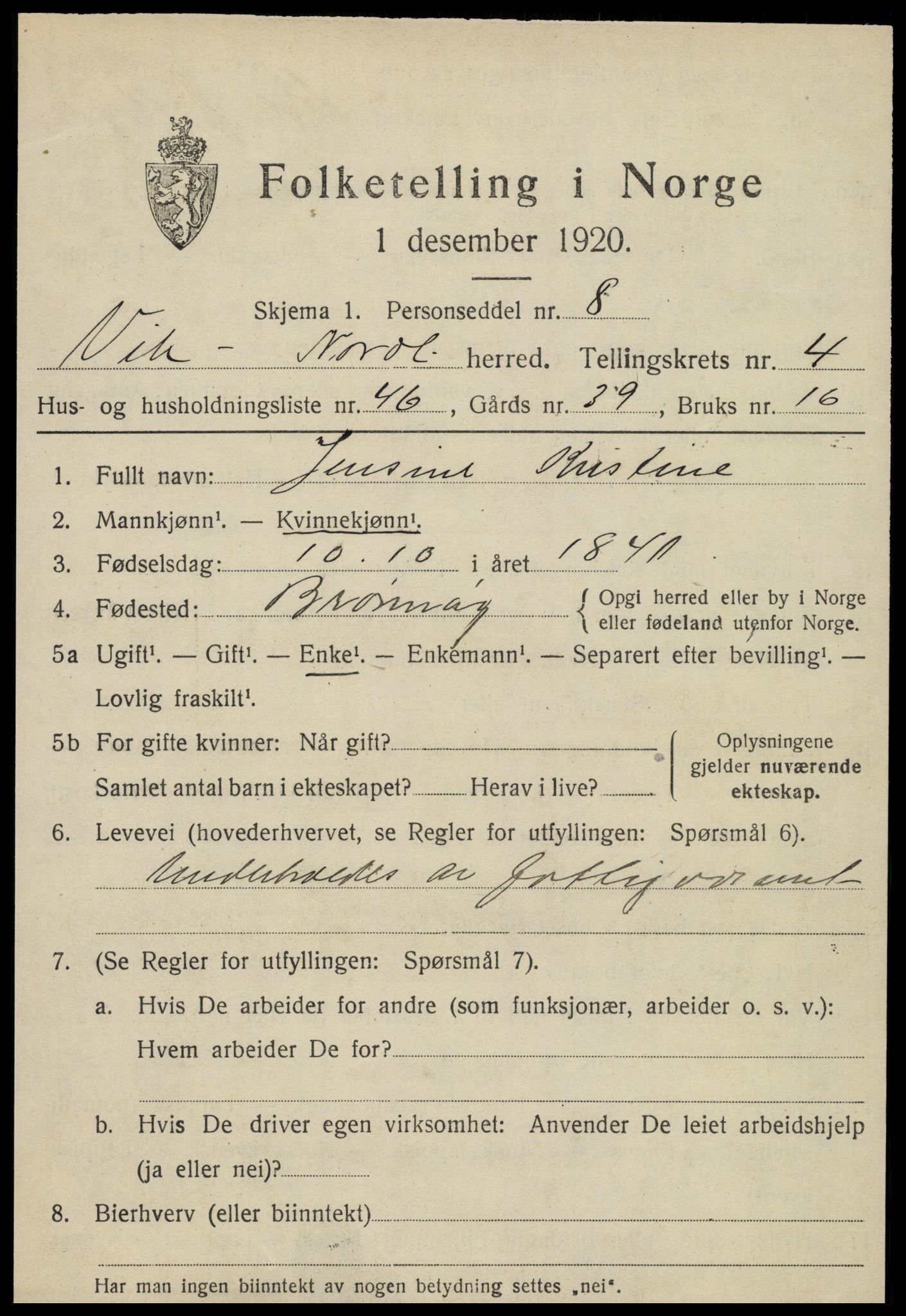 SAT, 1920 census for Vik, 1920, p. 2933