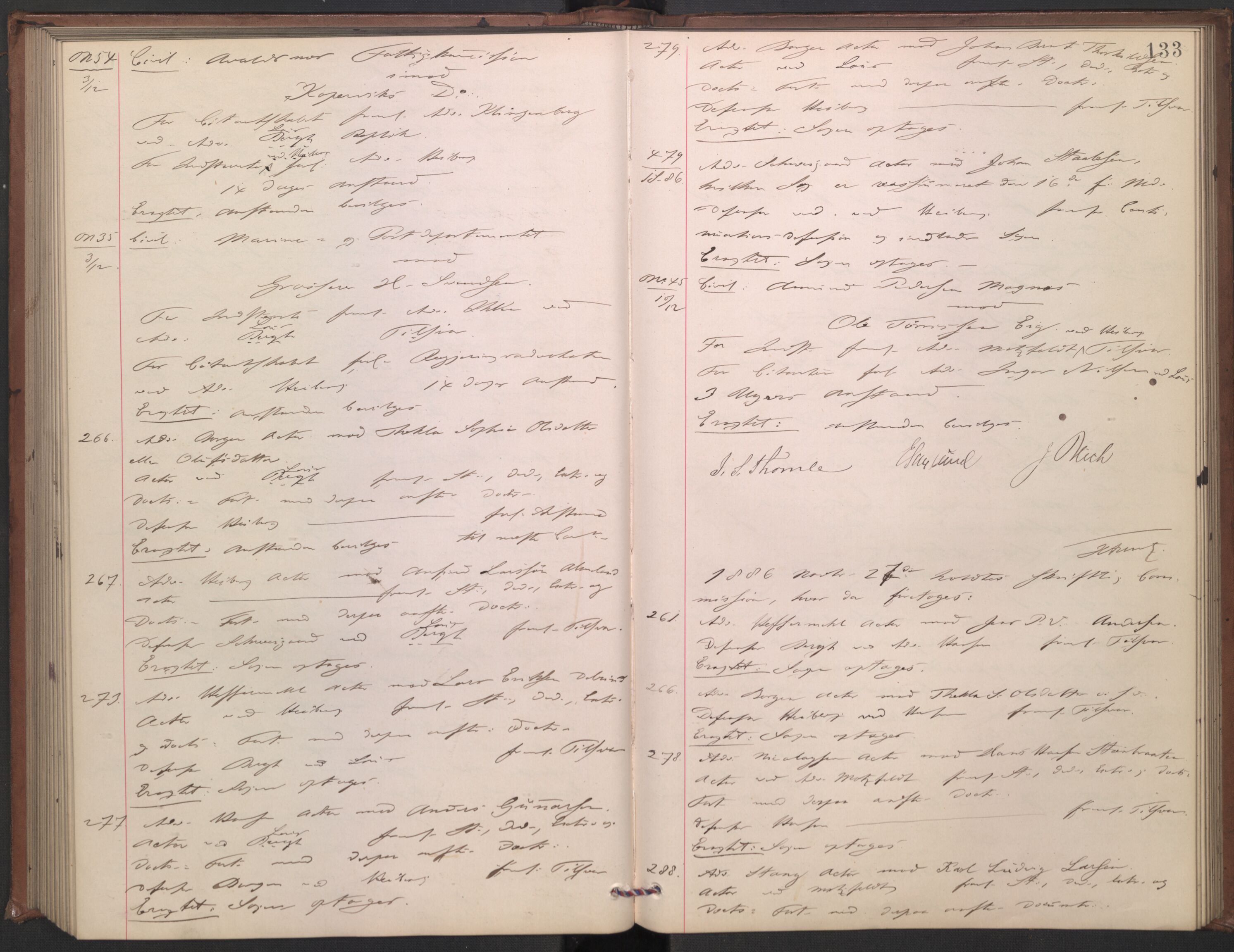 Høyesterett, AV/RA-S-1002/E/Ef/L0015: Protokoll over saker som gikk til skriftlig behandling, 1884-1888, p. 132b-133a