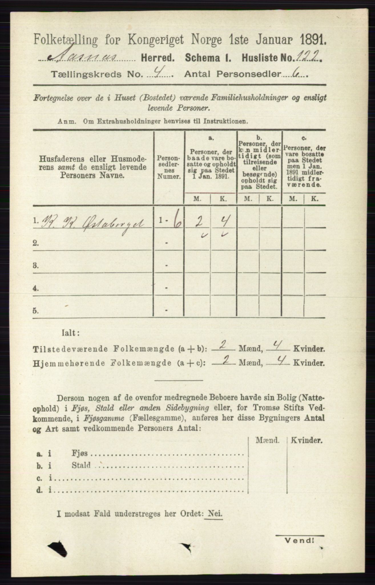 RA, 1891 census for 0425 Åsnes, 1891, p. 1664