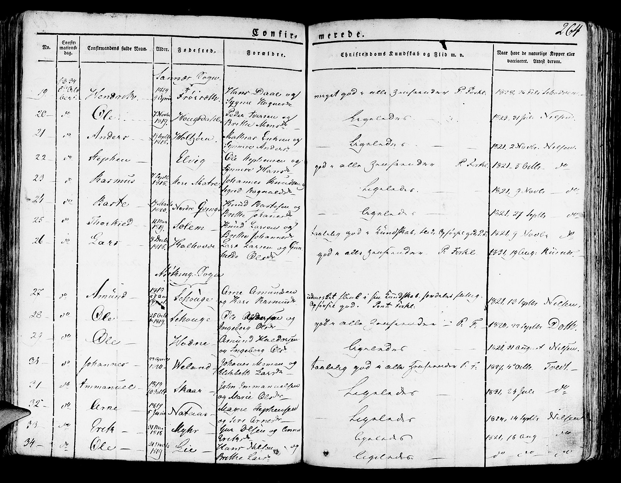 Lindås Sokneprestembete, AV/SAB-A-76701/H/Haa/Haaa/L0008: Parish register (official) no. A 8, 1823-1836, p. 264