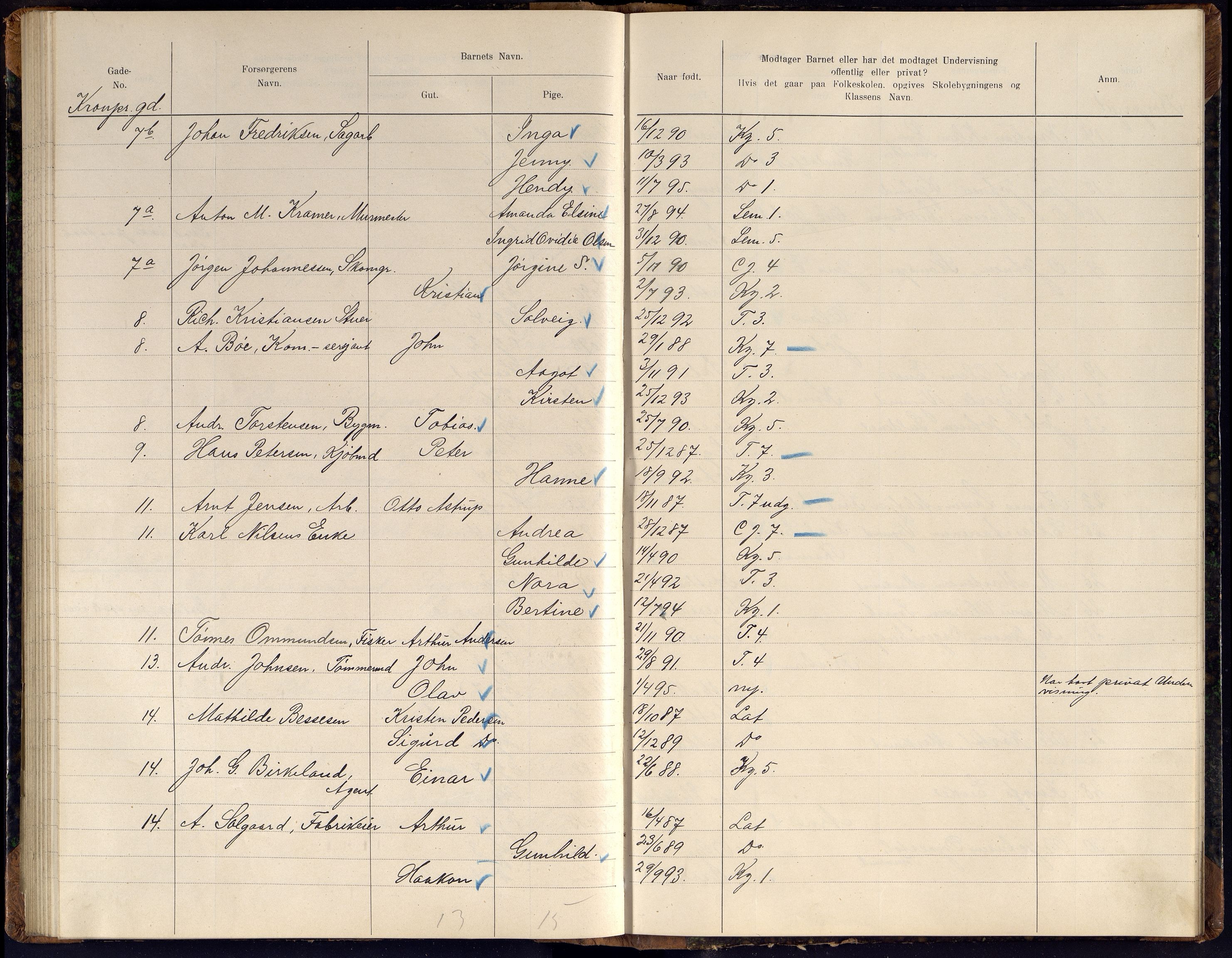 Kristiansand By - Skolekommisjonen/ -Styret, ARKSOR/1001KG510/J/Jb/L0011: Barnetelling, 1902, p. 155-156